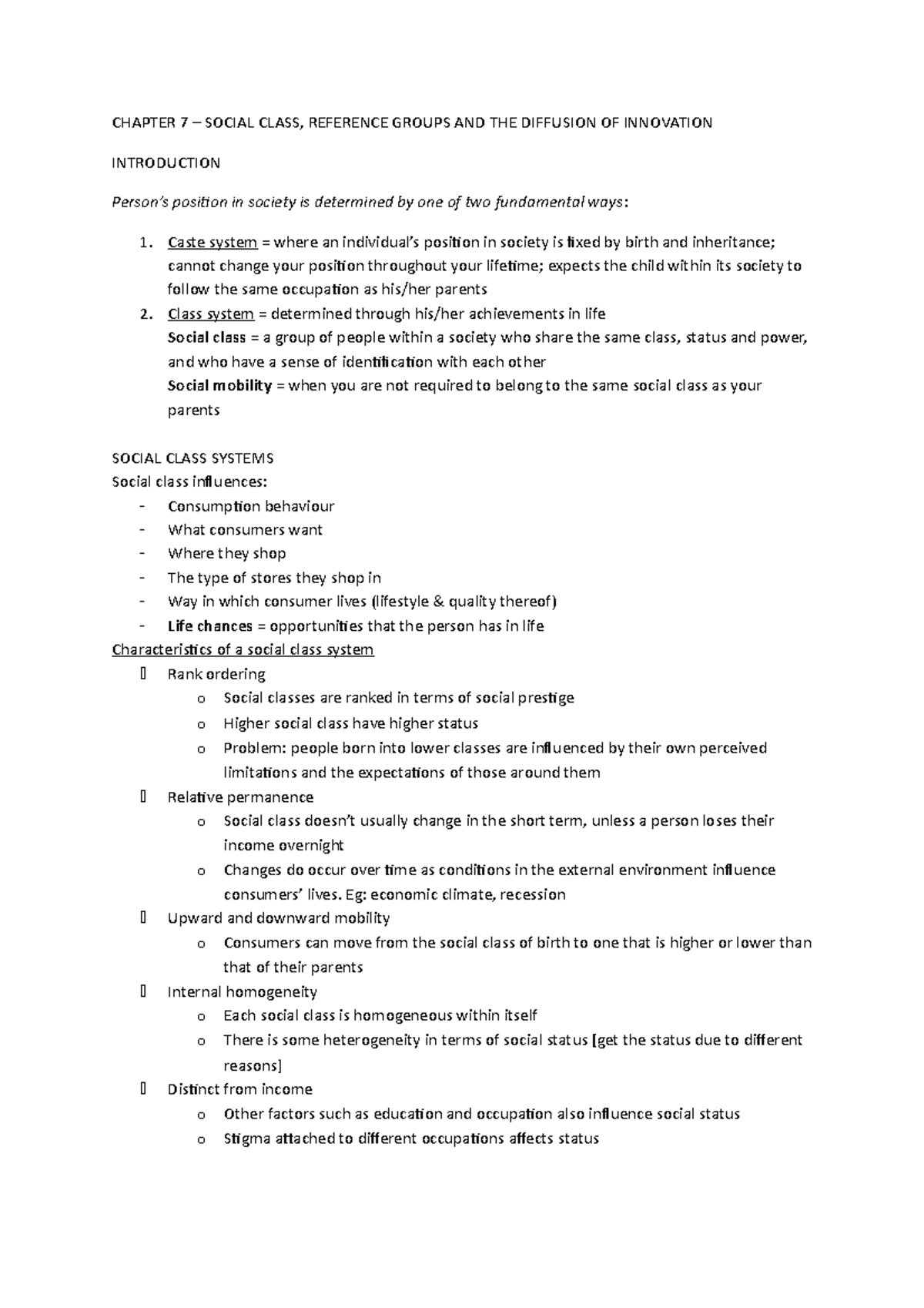 Chapter 7 Summary BEM 212 - CHAPTER 7 SOCIAL CLASS, REFERENCE GROUPS ...