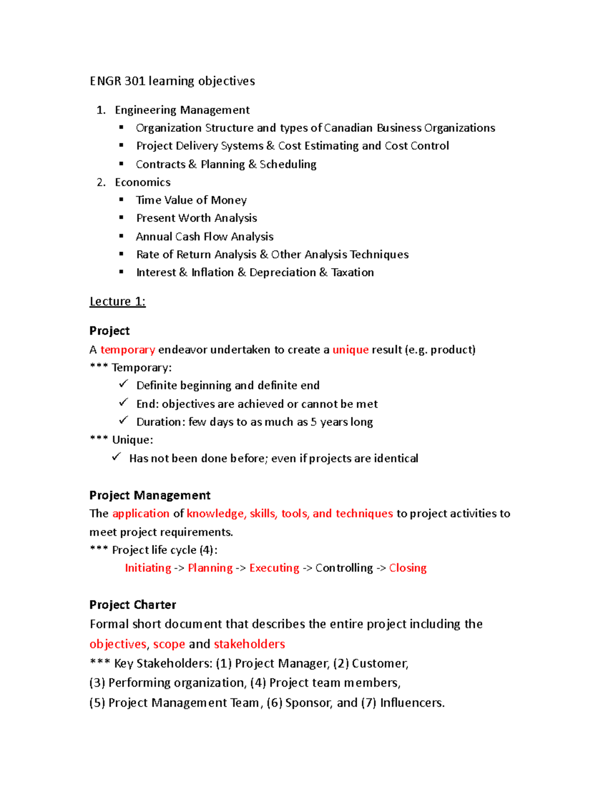 ENGR 301 L1-3 - Notes - ENGR 301 Learning Objectives 1. Engineering ...