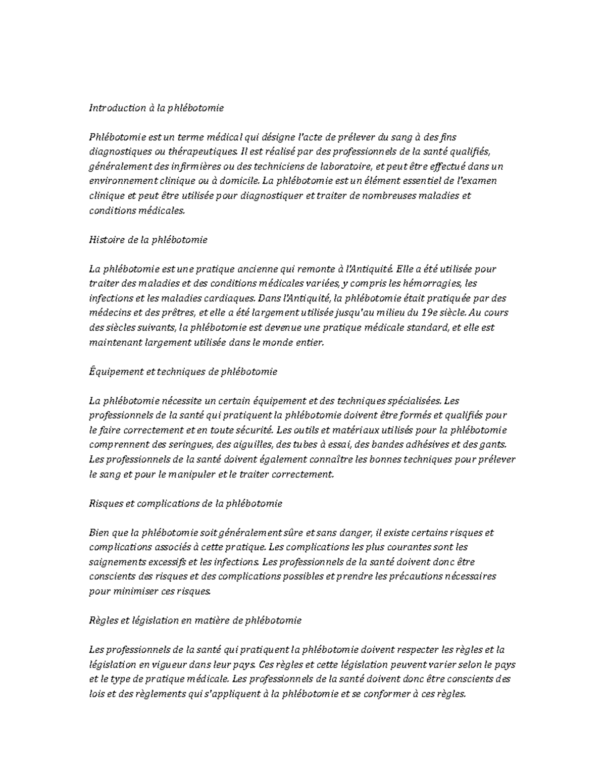 Phlebotomy note study - Introduction à la phlébotomie Phlébotomie est ...