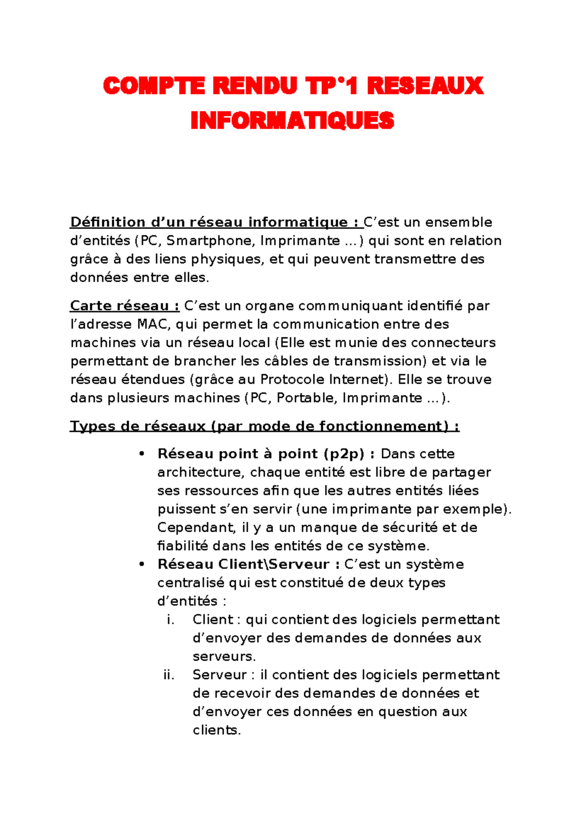 Compte Rendu TP 1 - Summary Cours Réseaux - COMPTE RENDU TP°1 RESEAUX ...