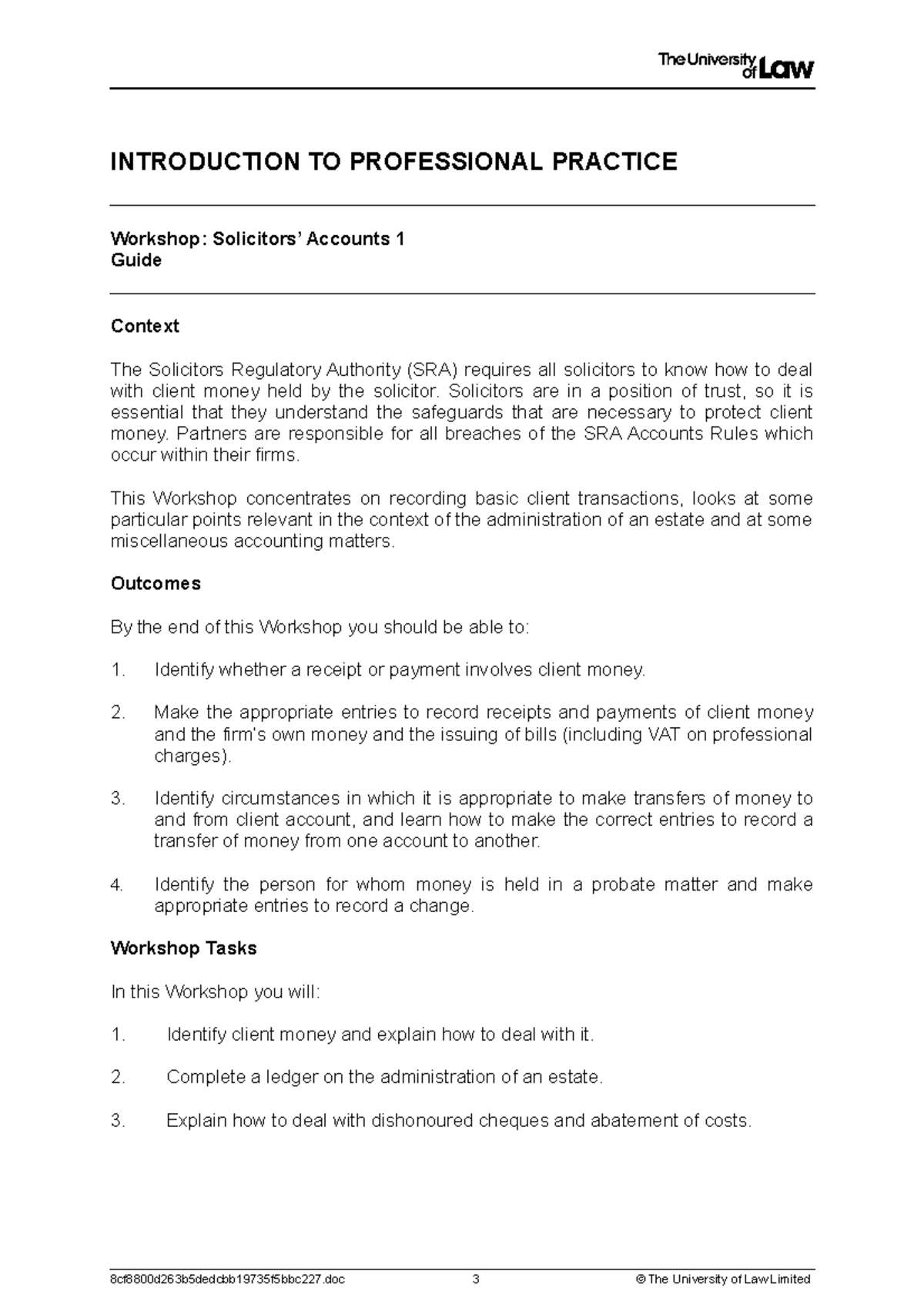 WS1 Guide - Solicitors Accounts - INTRODUCTION TO PROFESSIONAL PRACTICE ...