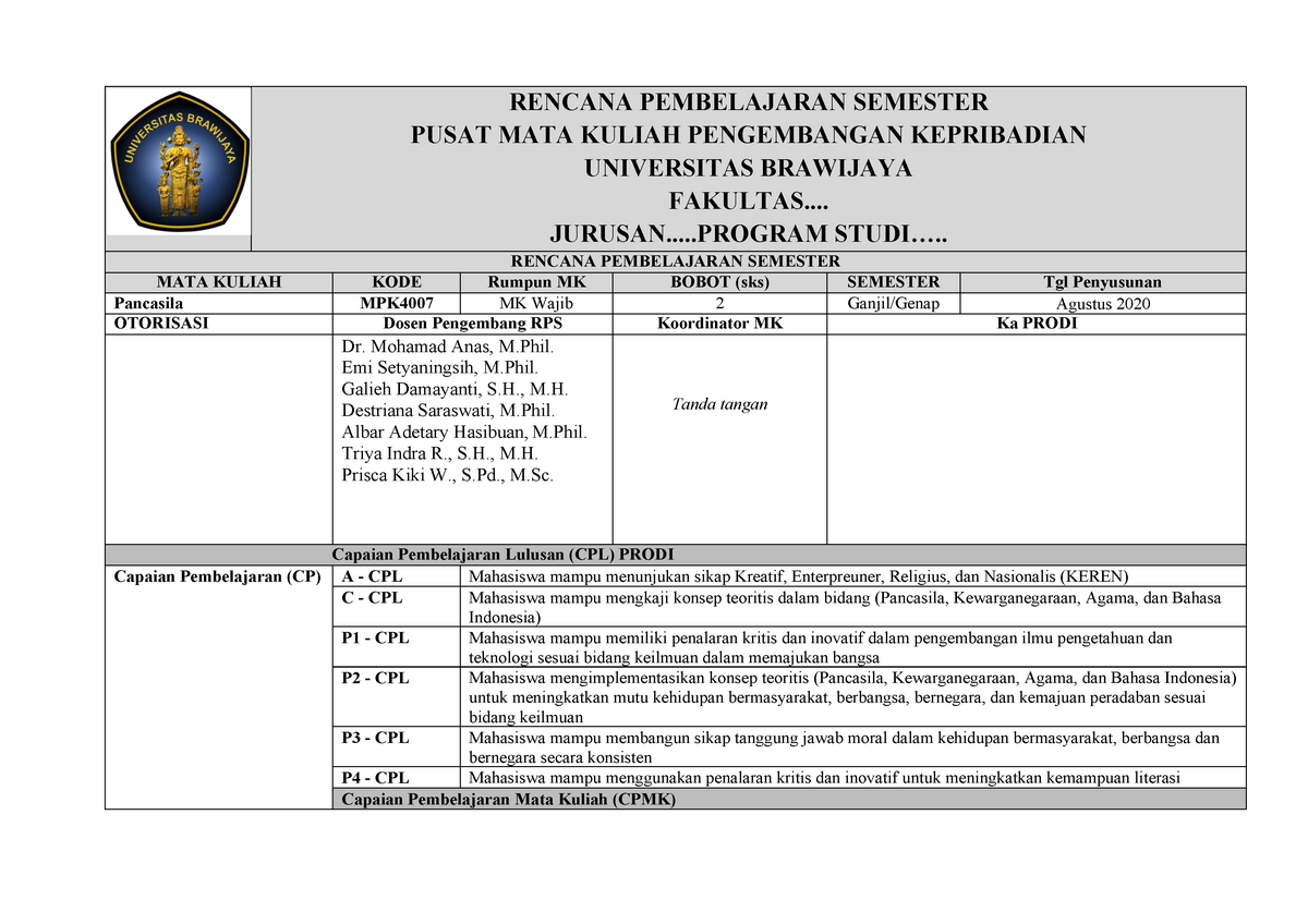 RPS OBE Daring Pancasila (Agst 2020) - RENCANA PEMBELAJARAN SEMESTER ...