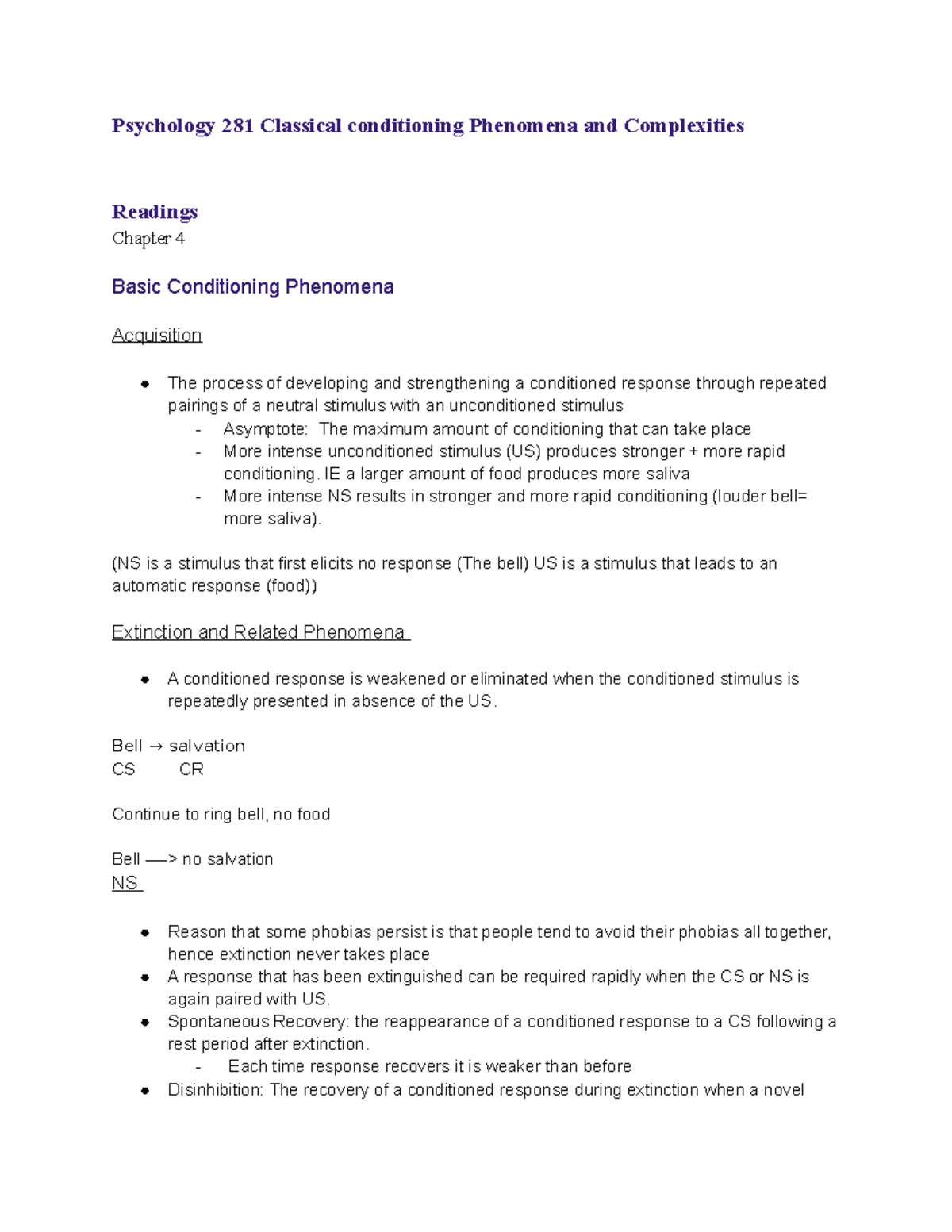 Chapter 4 +5 chapter test - Psychology 281 Classical conditioning ...