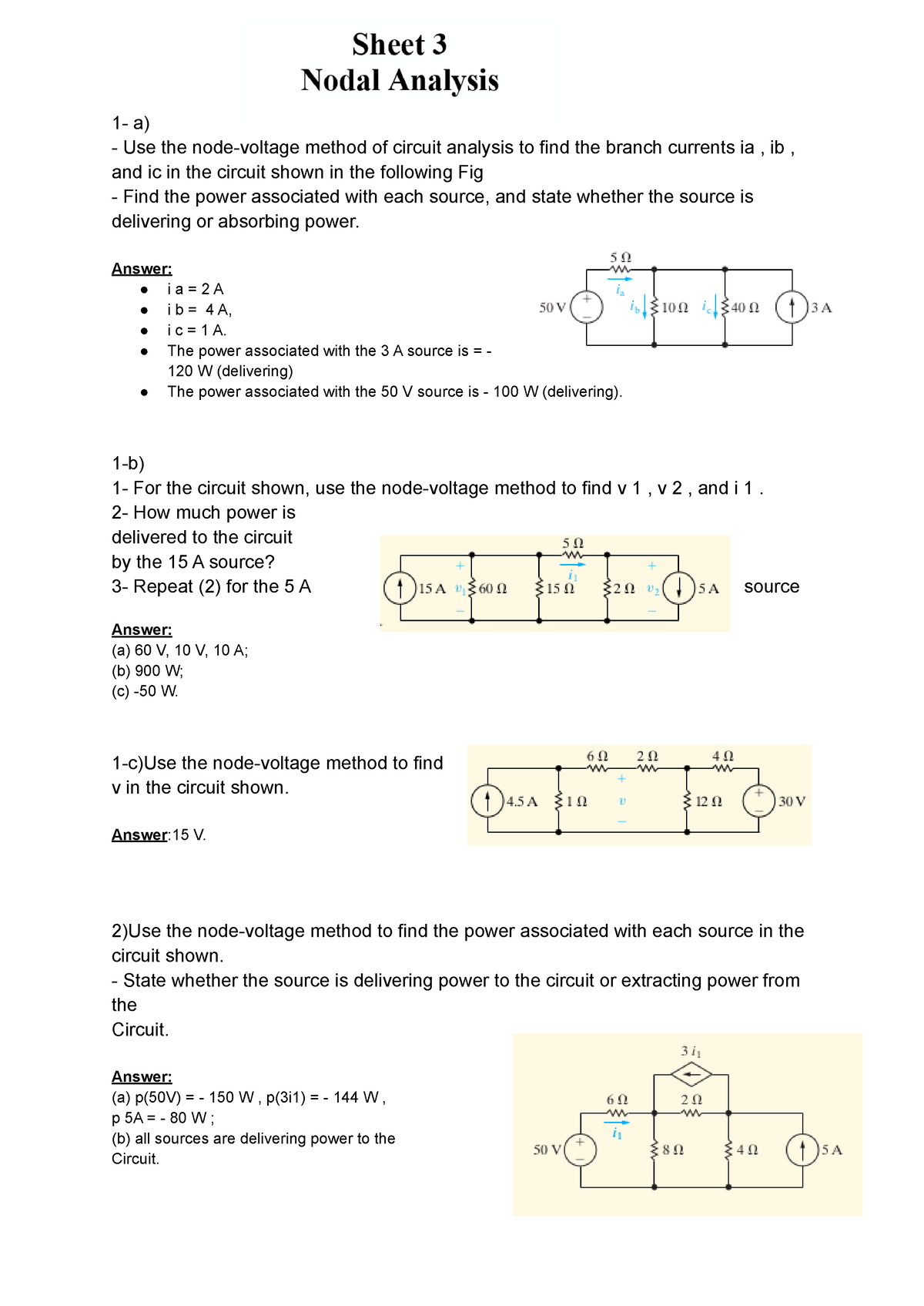 Sheet 3 - 1- a) Use the node-voltage method of circuit analysis to find ...