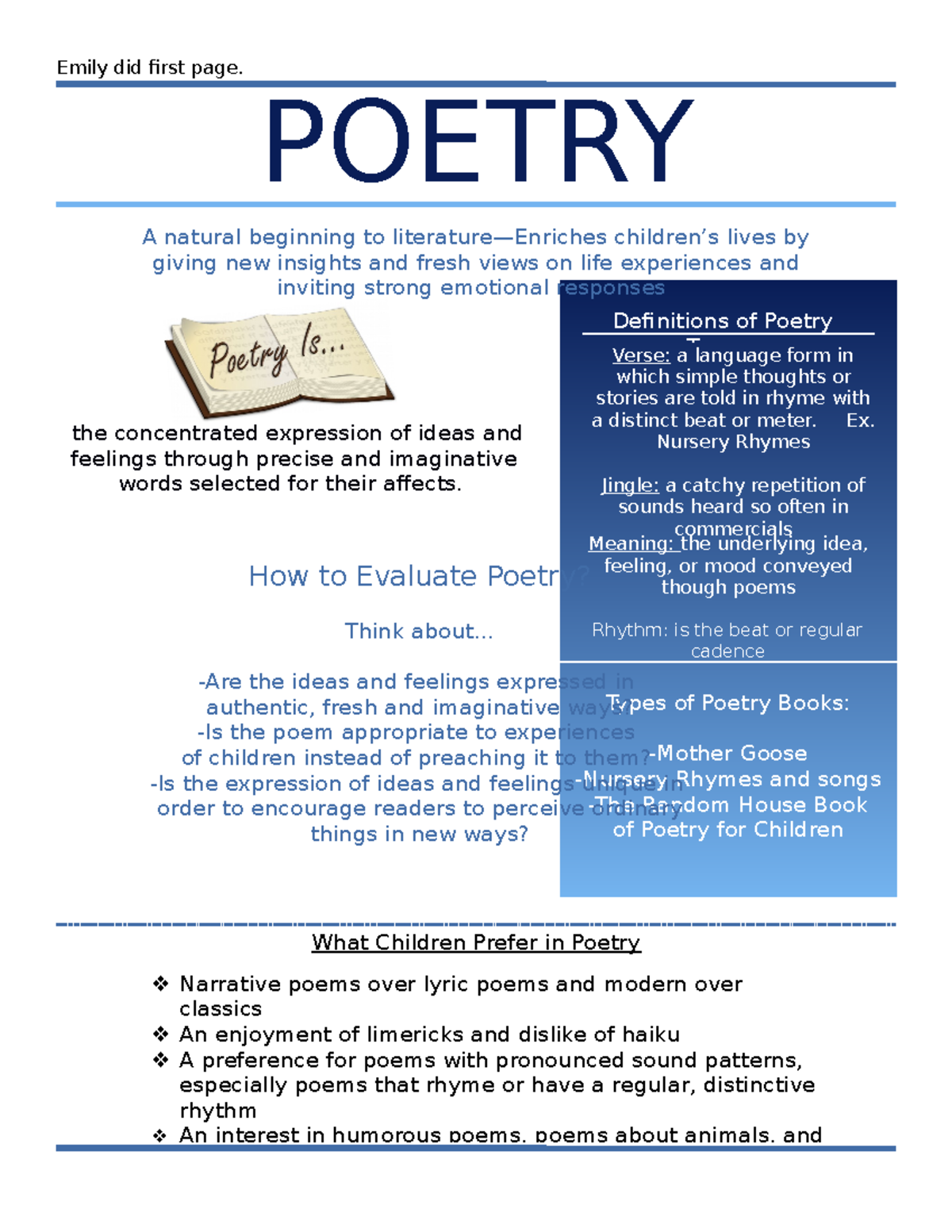 Poetry Handout - Summary 500:286 Teaching Multiple Texts through Genre ...