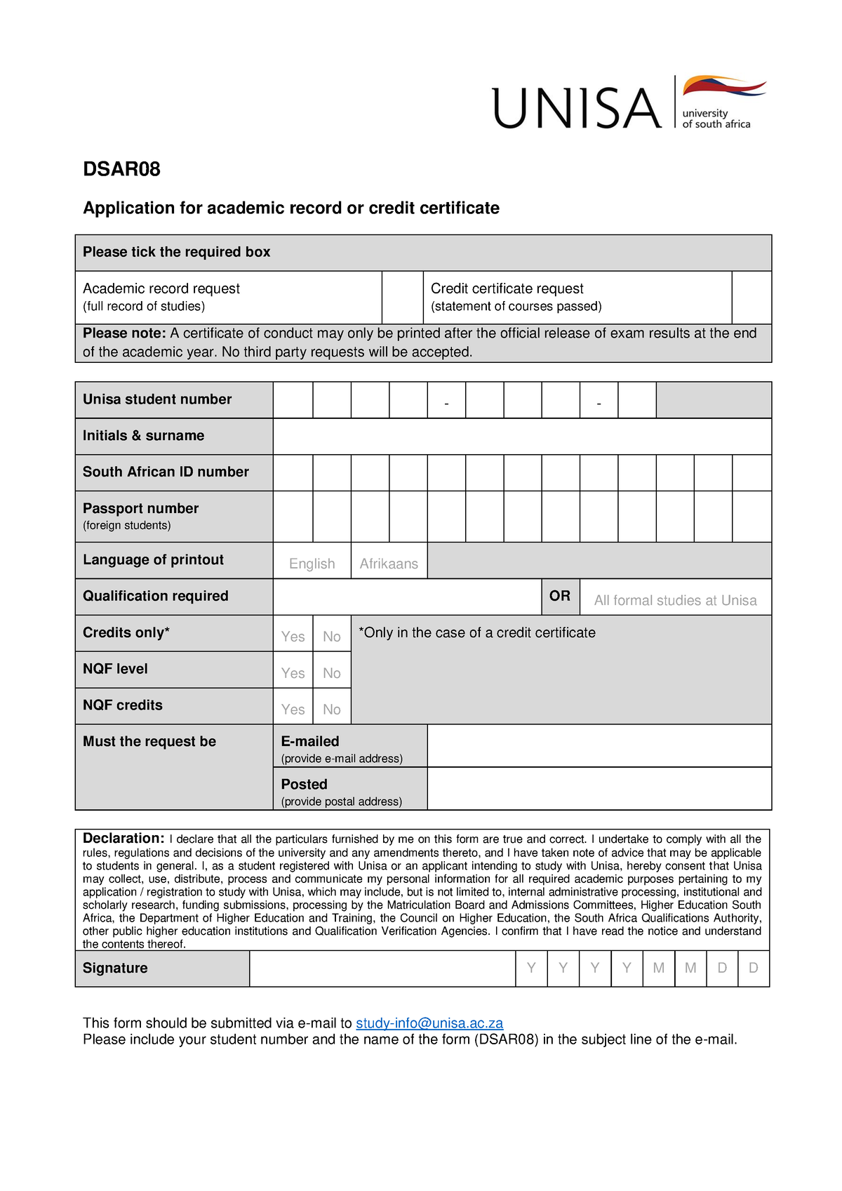 Unisa-DSAR08 - Summary Bed Intermediate - DSAR Application For Academic ...