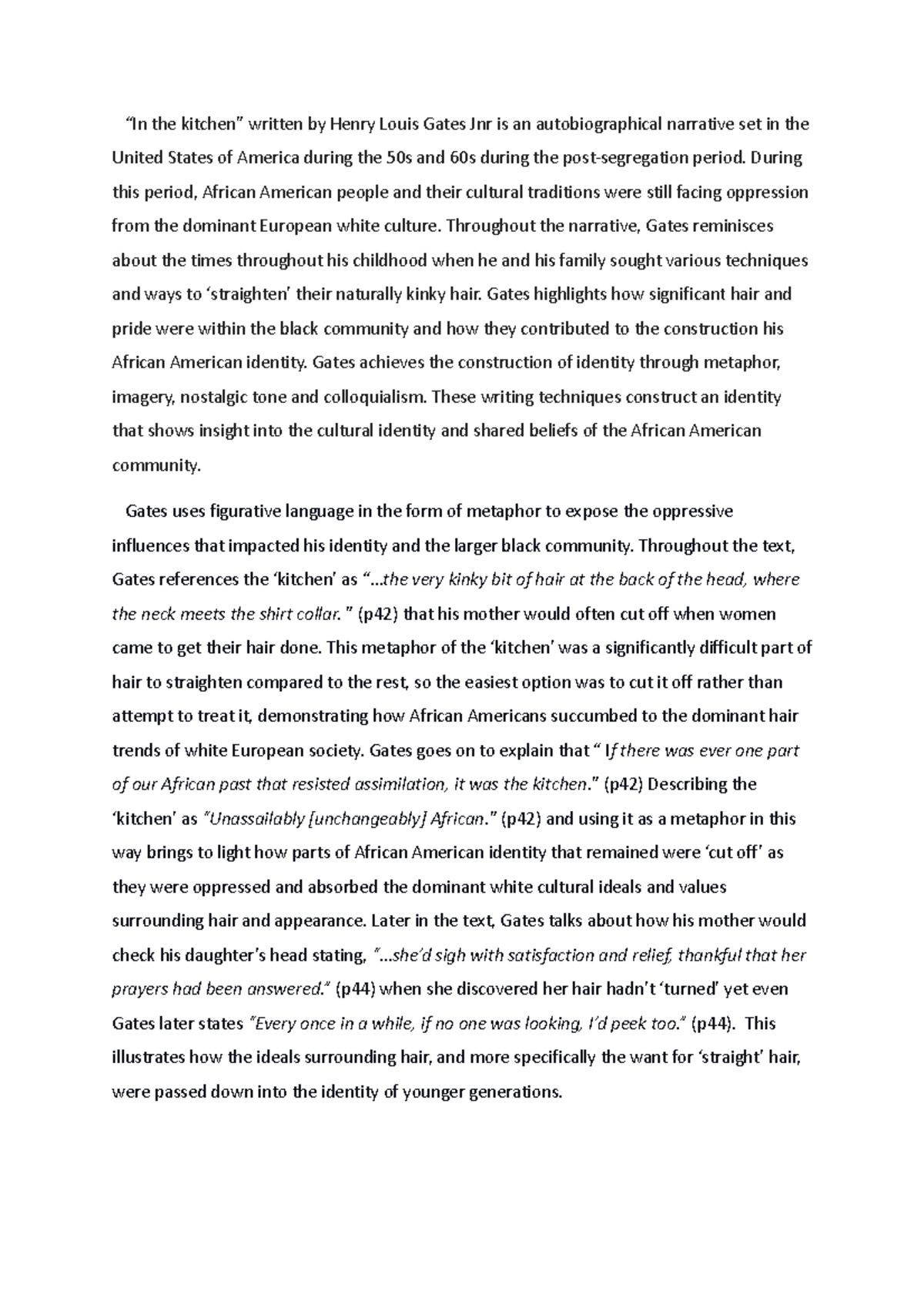 WRIT101 Essay 1 - “In the kitchen” written by Henry Louis Gates Jnr is ...