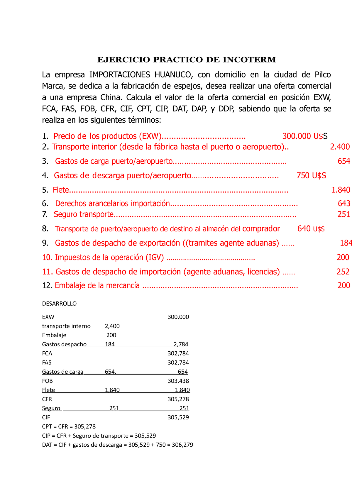 Practicos DE Incoterms - EJERCICIO PRACTICO DE INCOTERM La Empresa ...