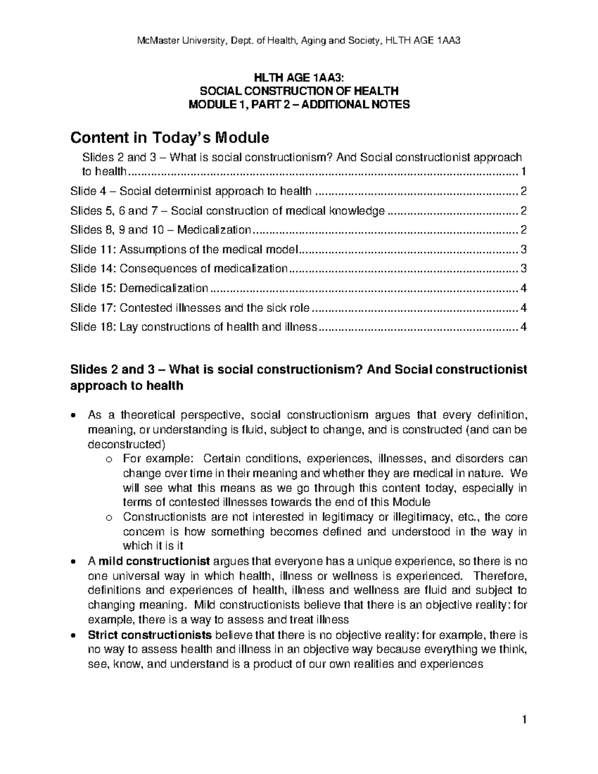 Module 1 - Part 2 - Additional notes - HLTH AGE 1AA3: SOCIAL ...