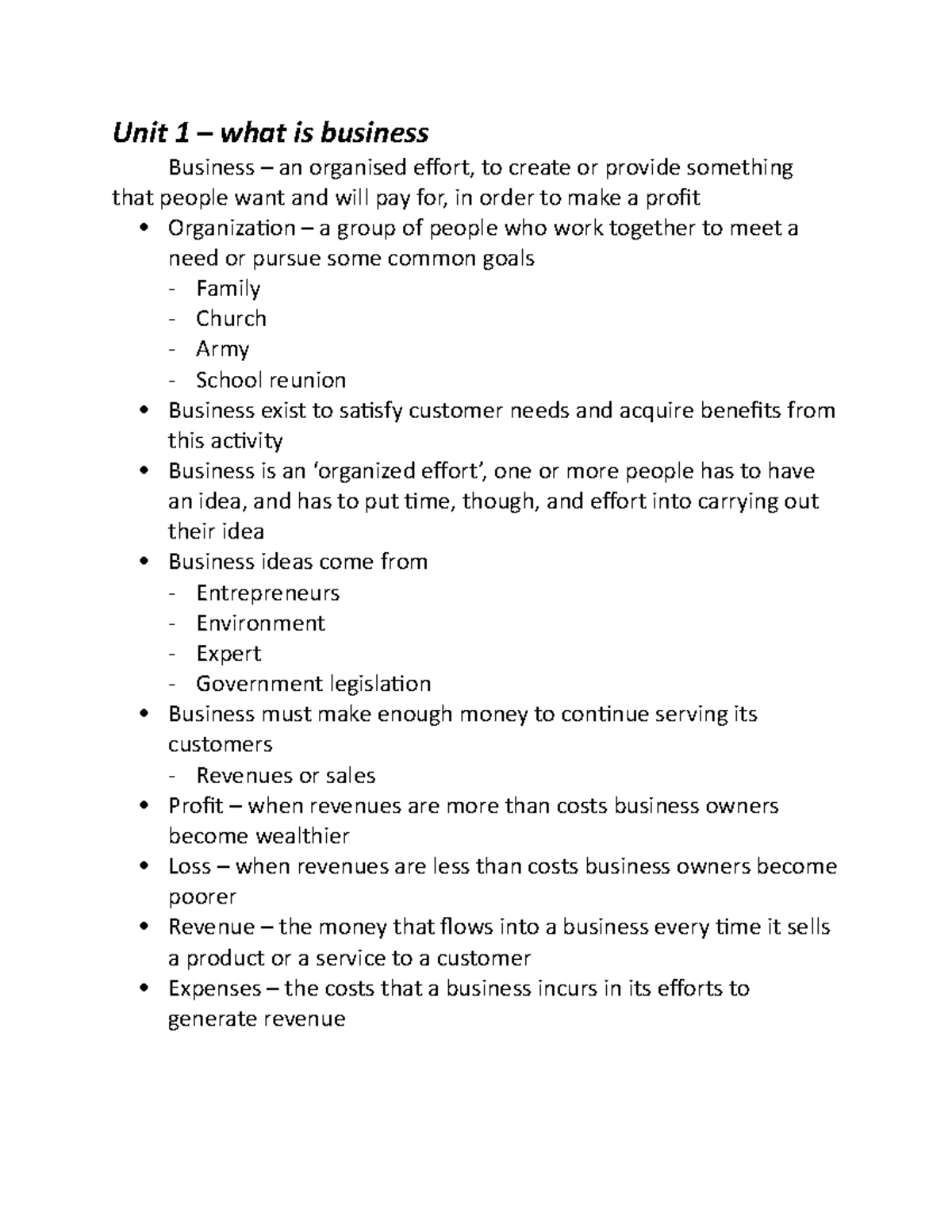 Mgta lecture midterm - Unit 1 – what is business Business – an ...