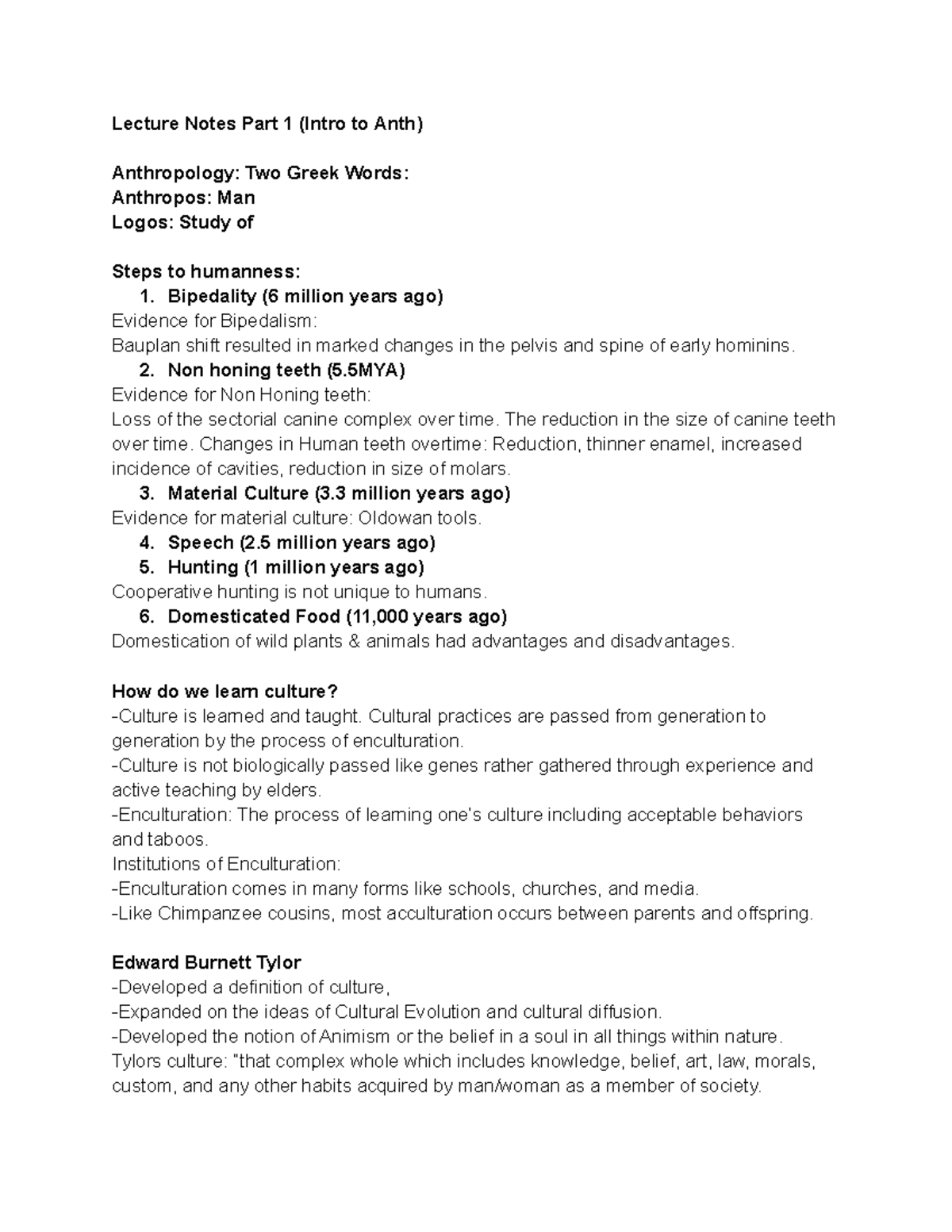 Anthropology Notes Part #1 - Lecture Notes Part 1 (Intro to Anth ...