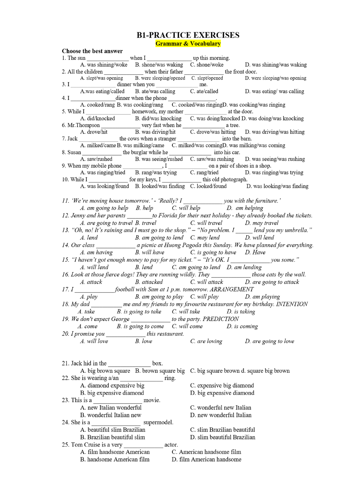 B1-Grammar & Vocabulary Practice Exercises Gửi SV - Tiếng Anh Toeic ...