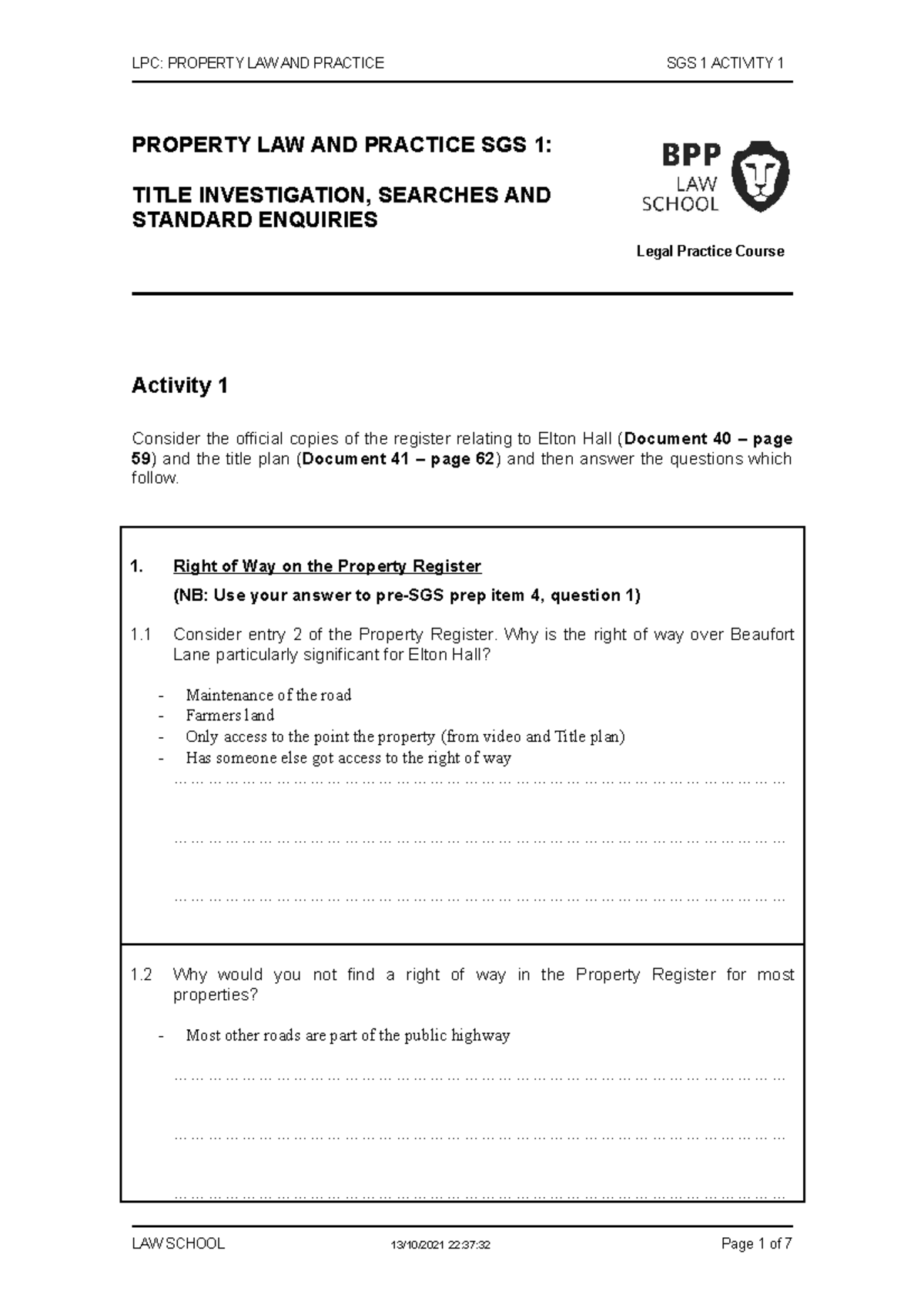 Property SGS 1 Activity 1 2122 LPC PROPERTY LAW AND PRACTICE SGS 1