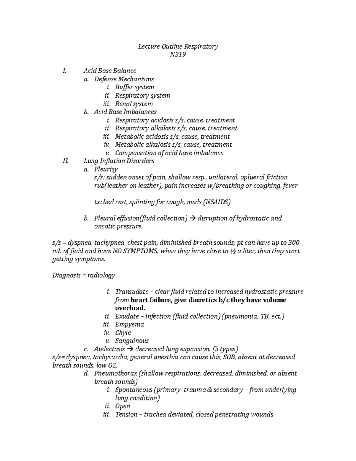 Respiratory Lecture Outline - Lecture Outline Respiratory N I. Acid ...