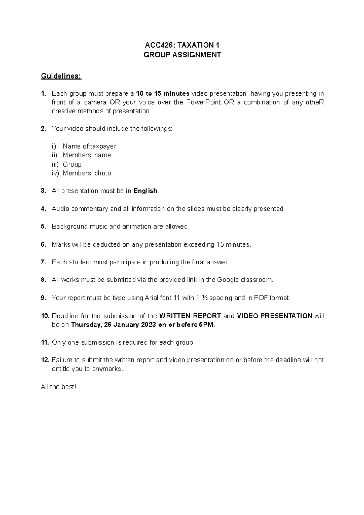 TAX Simulation ( Guidelines FOR Written Report AND Presentation ...