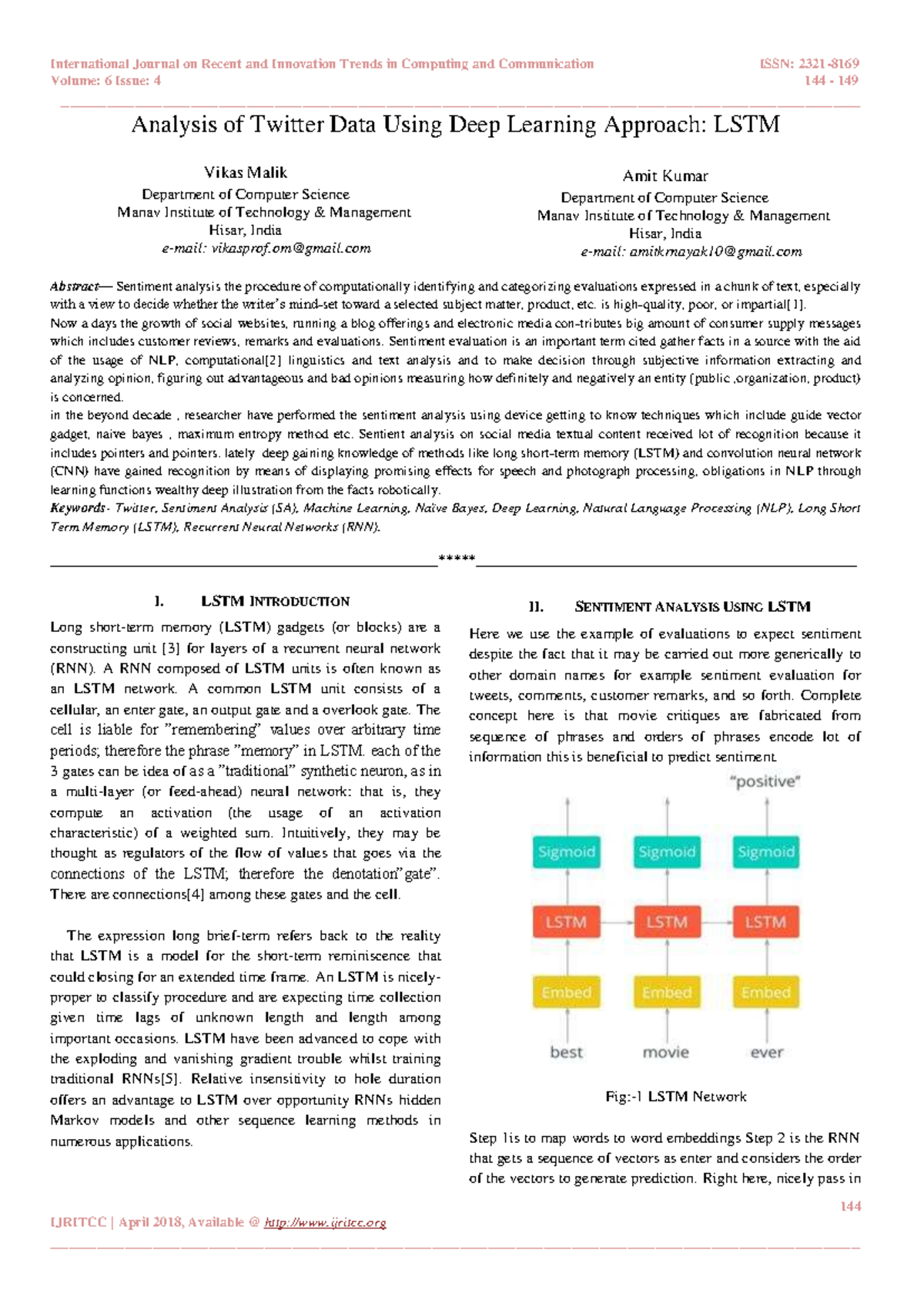 Analysis of Twitter Data Using Deep Lear - Volume: 6 Issue: 4 144 - 149 ...