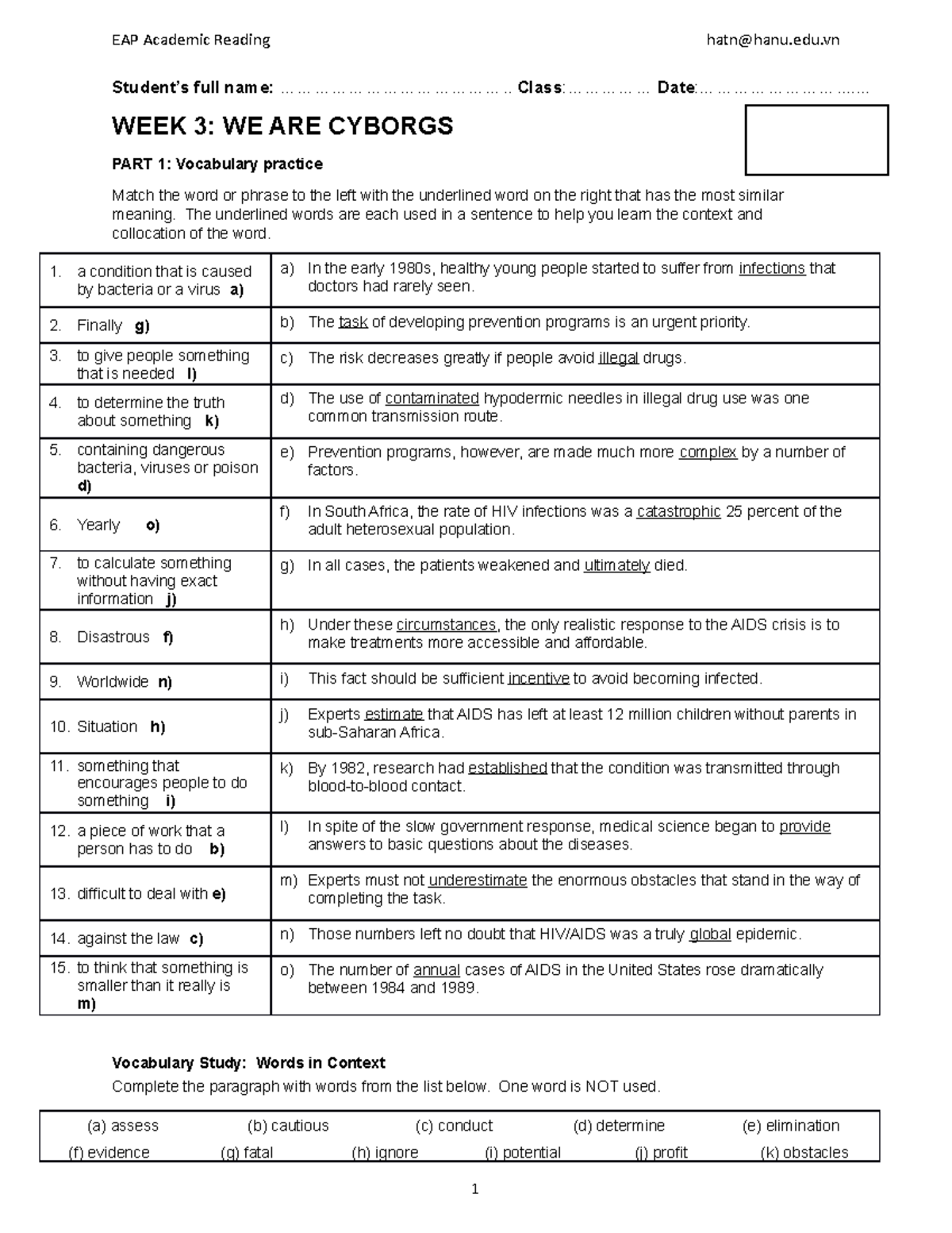 EAP Reading worksheet week 3 - We are cyborgs - EAP Academic Reading ...