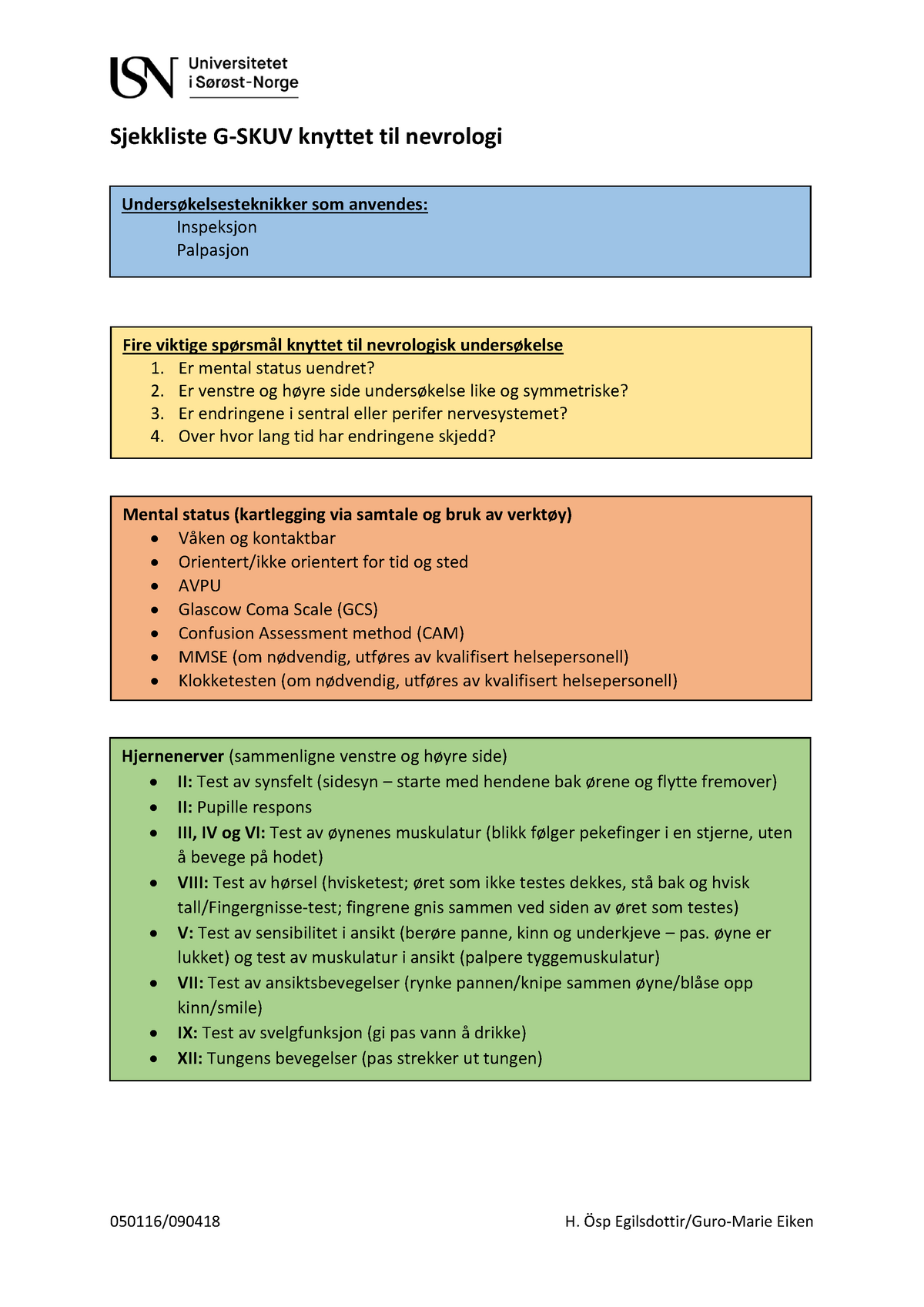 Sjekkliste for G-SKUV - nevrologisk undersøkelse - nyversjon 18.1
