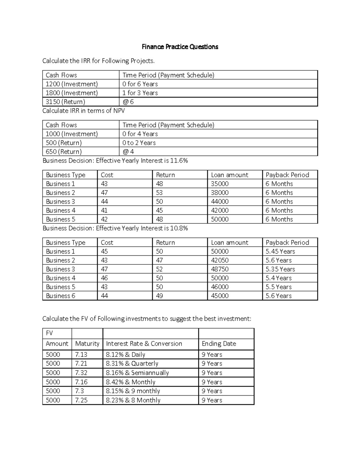 Finance Practice Questions - Finance Practice Questions Calculate the ...