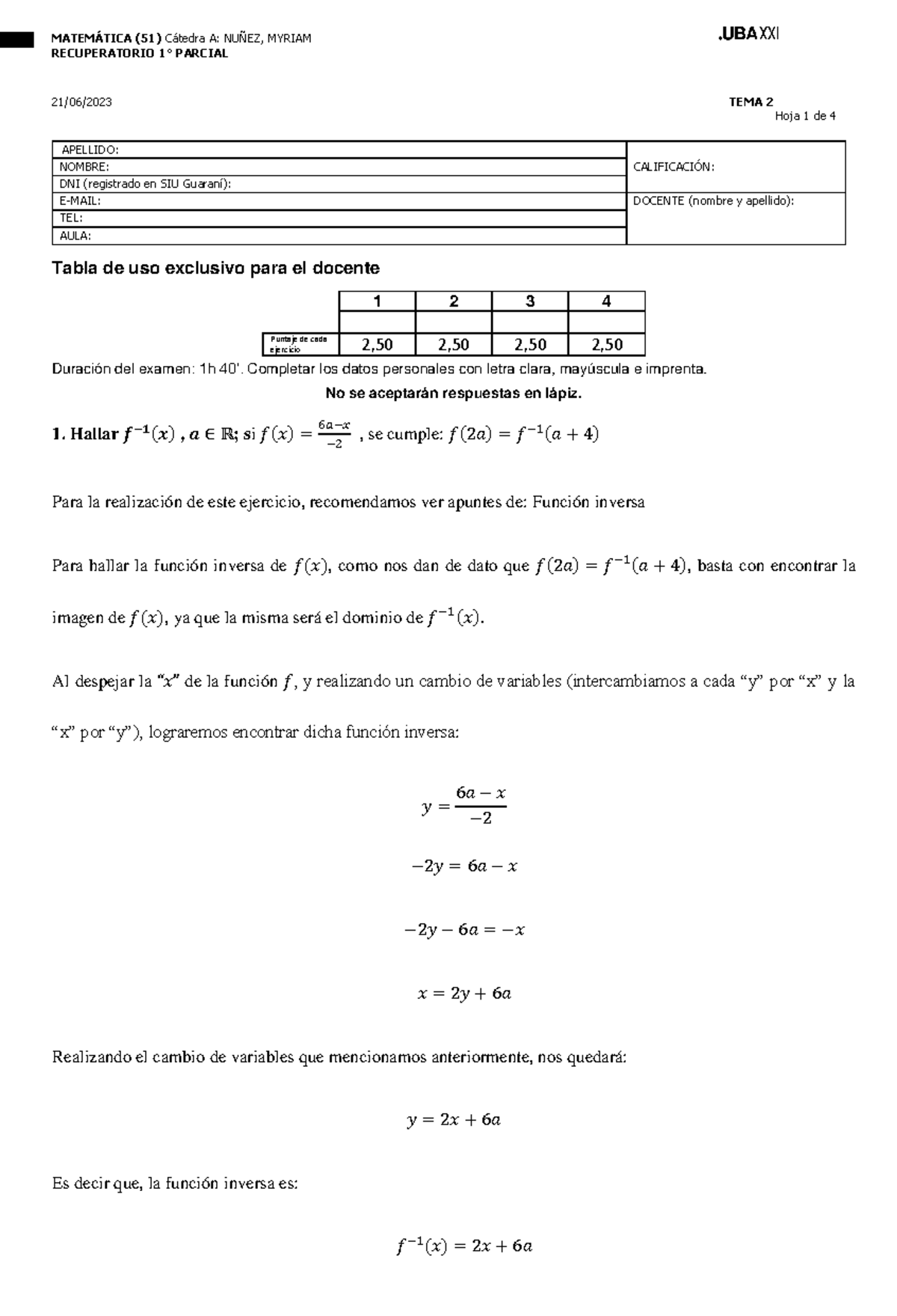 Respuestas - Recuperatorio DEL Primer Parcial Matematica 51 TEMA 2 21 ...