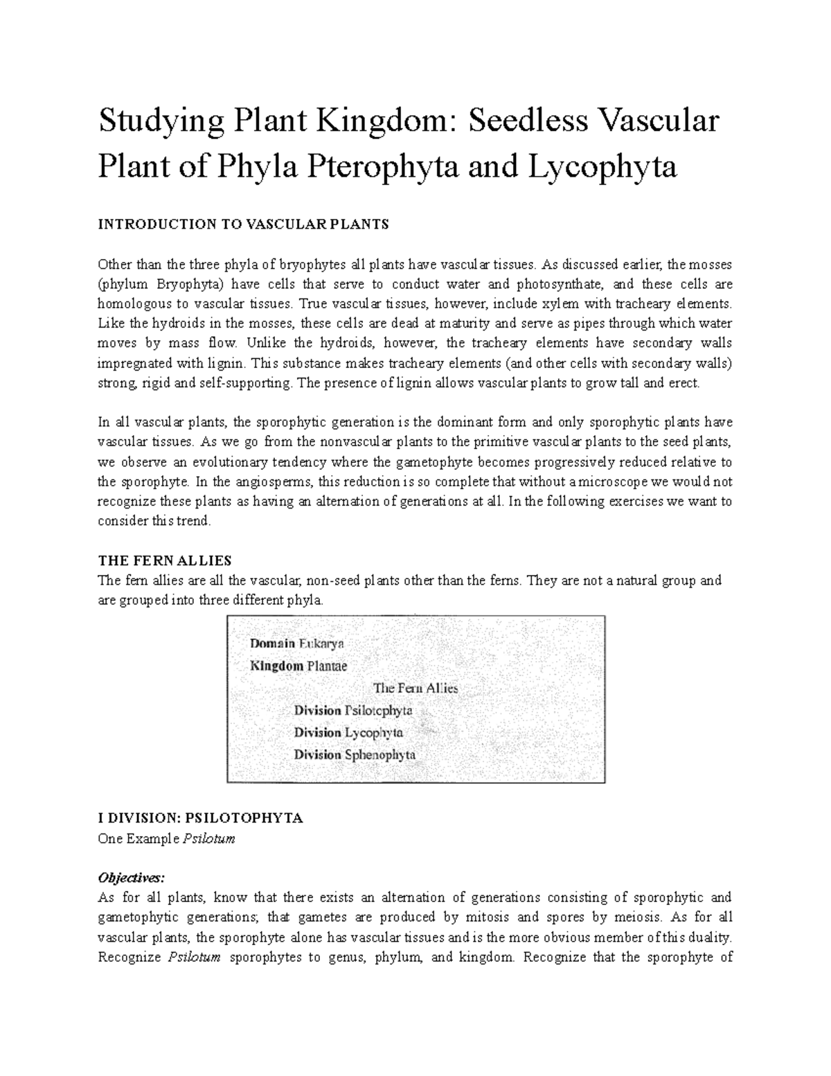 Studying Plant Kingdom Seedless Vascular Plant of Phyla Pterophyta and ...