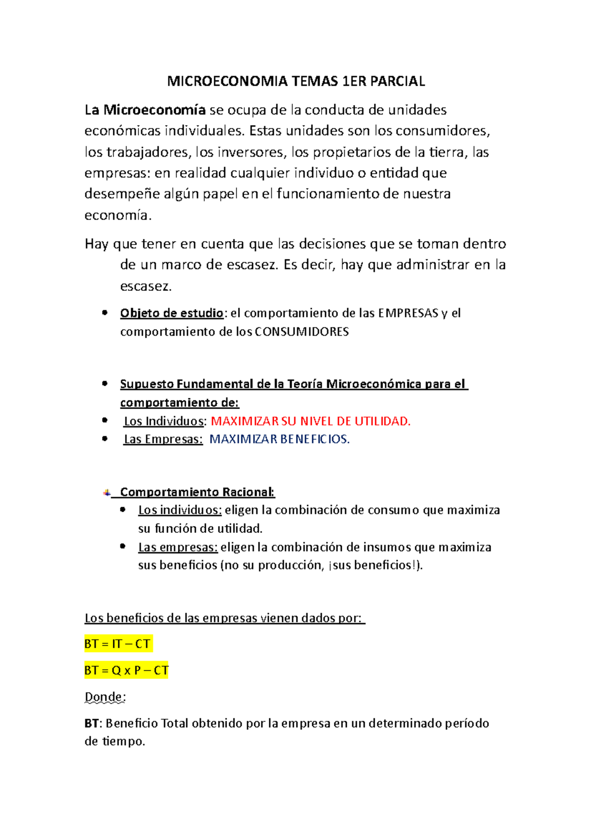 Micro 1ER Parcial - MICROECONOMIA TEMAS 1ER PARCIAL La Microeconomía Se ...