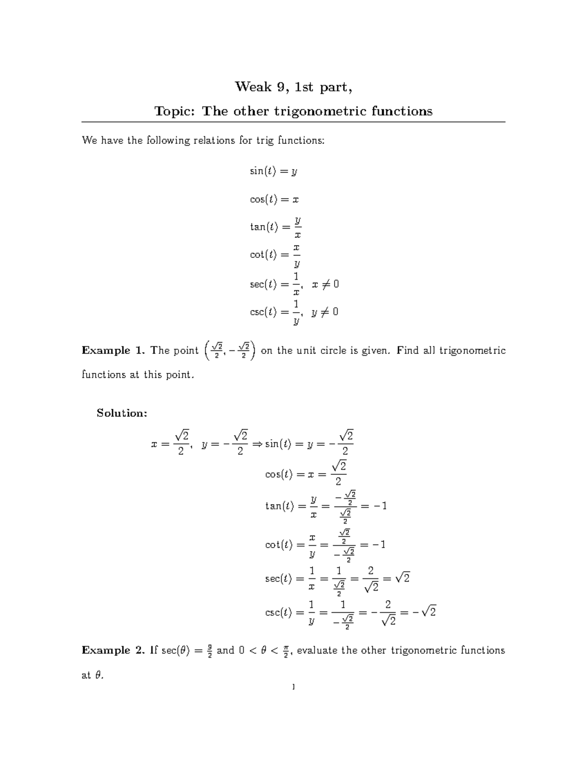 W91 - The other trigonometric functions - ฀Weak 9, 1st part, Topic: The ...