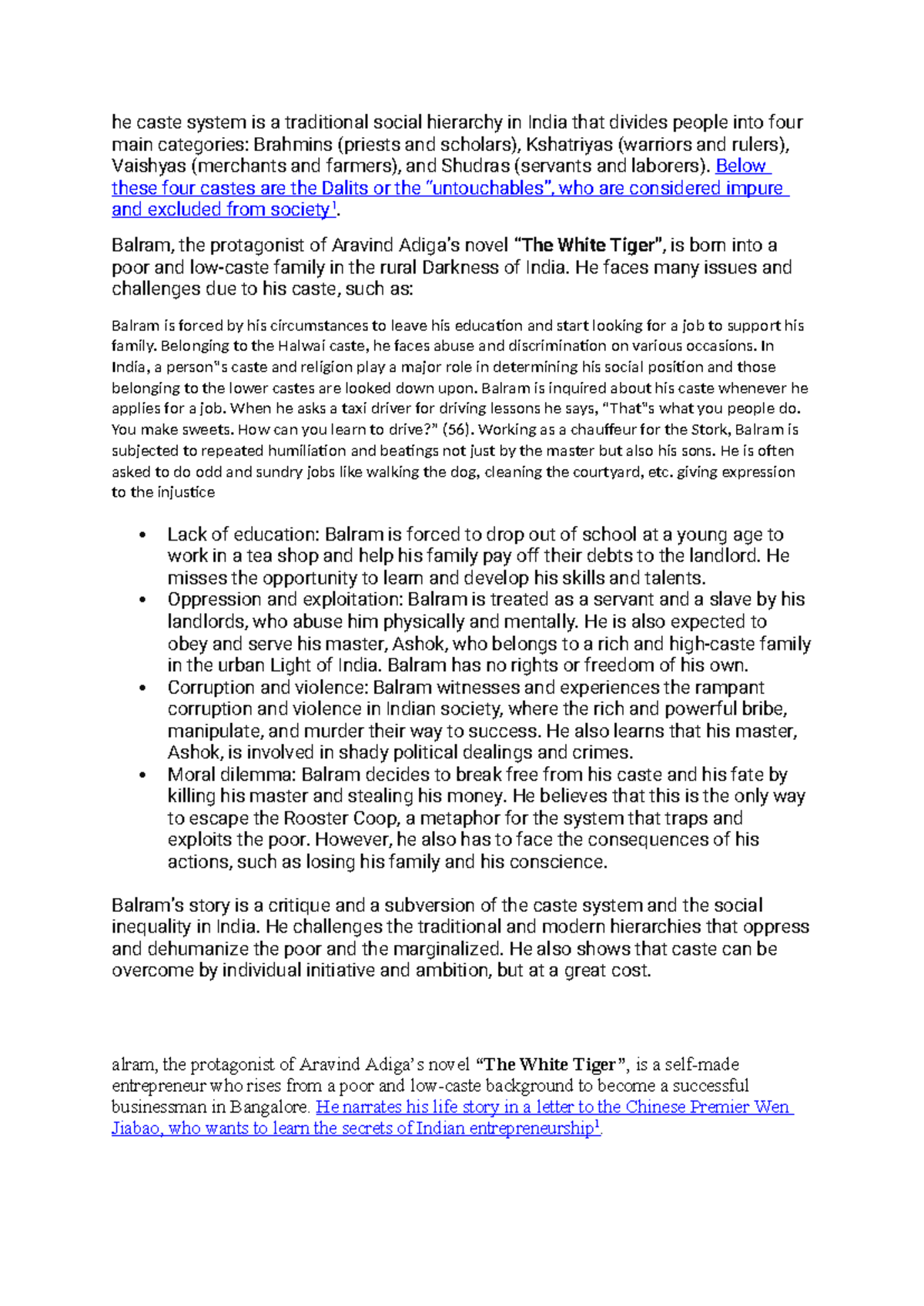 Key notes of core chapters the white tiger he caste system is a traditional social hierarchy