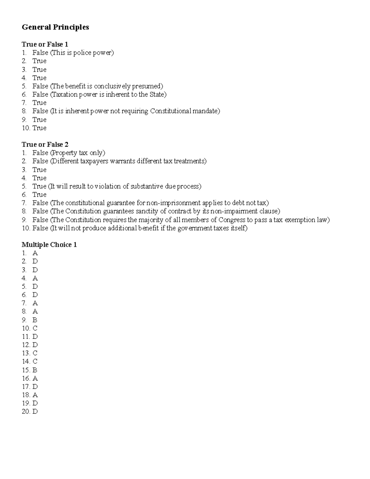 Prelim Activity - Tax 1 N 2 (Answer Key) - General Principles True Or ...