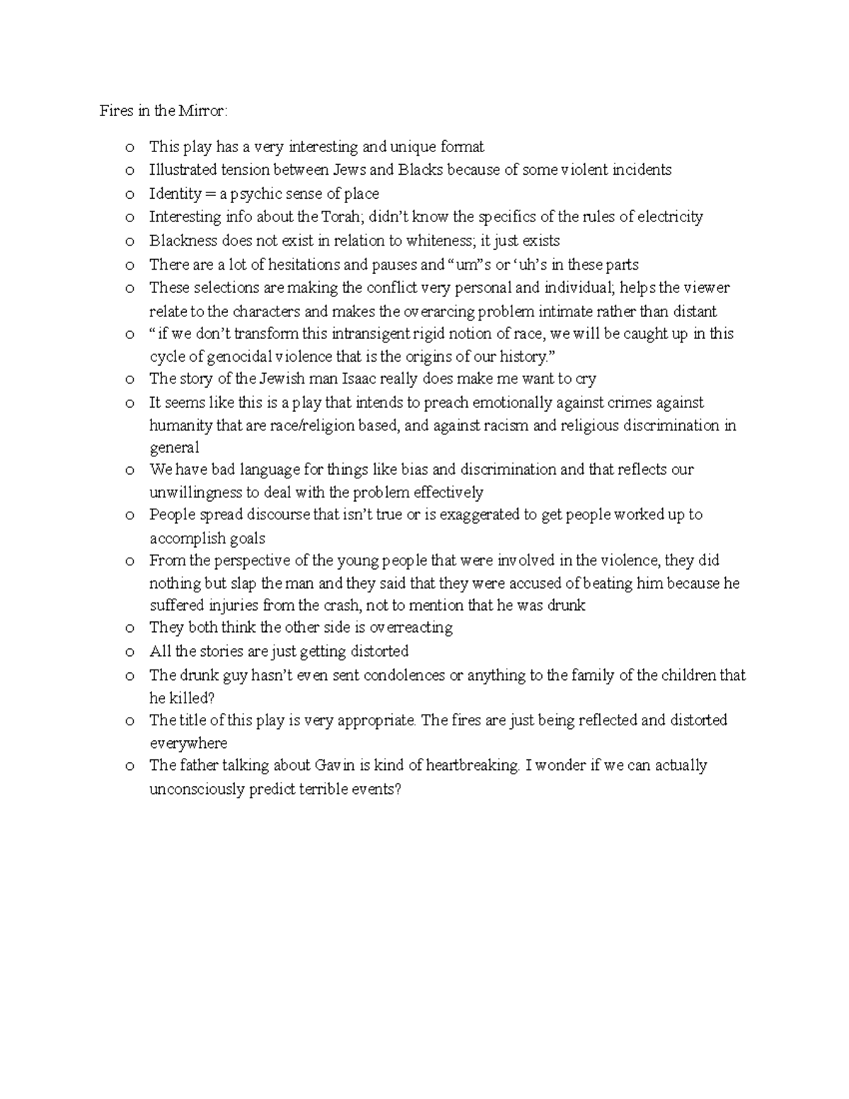 Fires in the Mirror Notes Fires in the Mirror o This play has a very