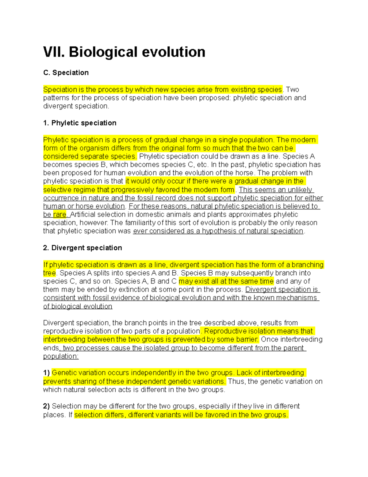 Week 1 - Notes - VII. Biological evolution C. Speciation Speciation is ...