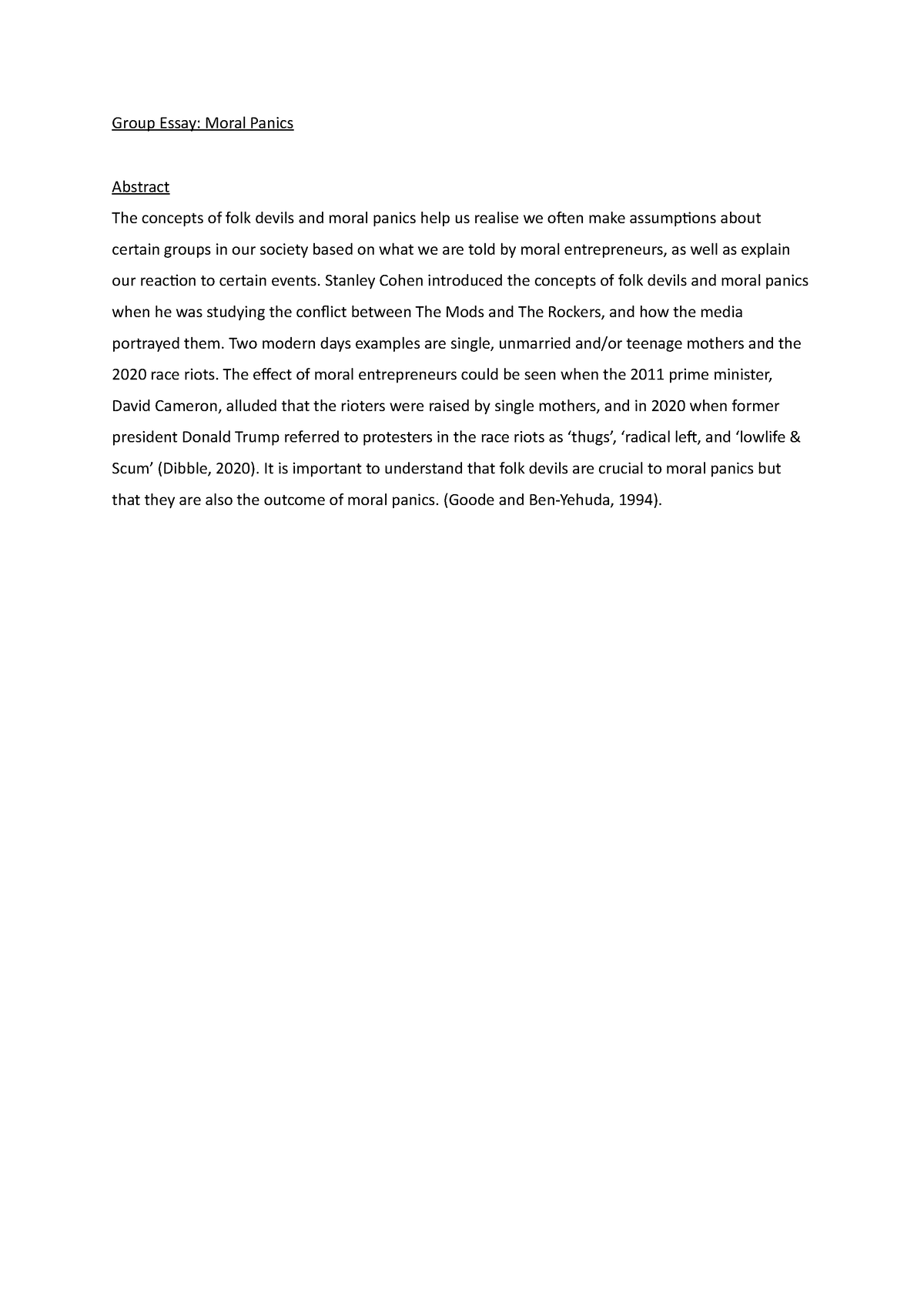 Group Essay Moral Panics - Group Essay: Moral Panics Abstract The ...