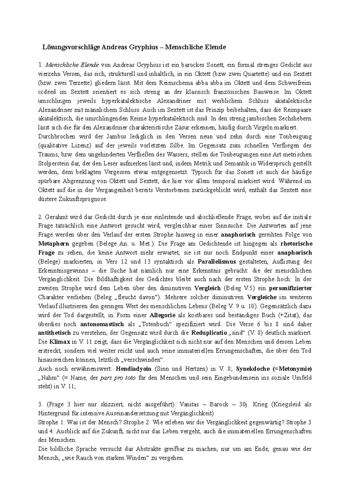 Andreas Gryphius Menschliches Elende Probeklausur Lyrik Menschliche Elende Loesung - Lösungsvorschläge