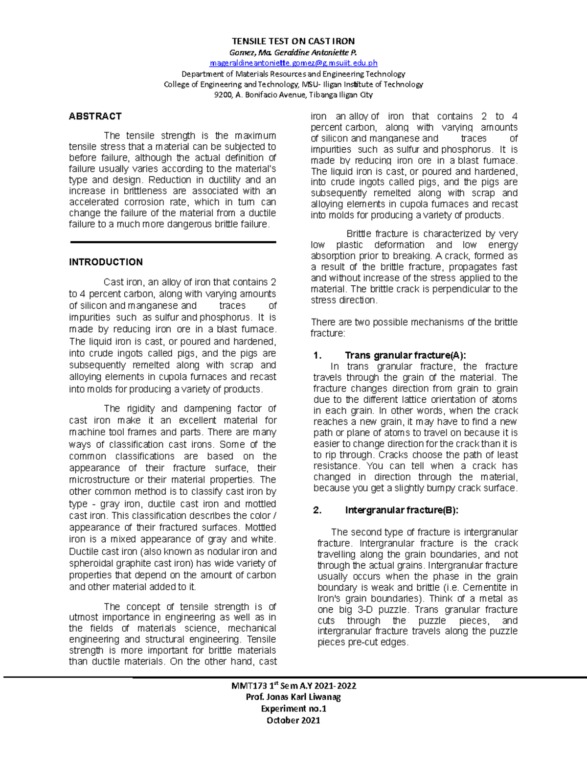 Tensile TEST LAB Report Fundamentals of Materials Science and