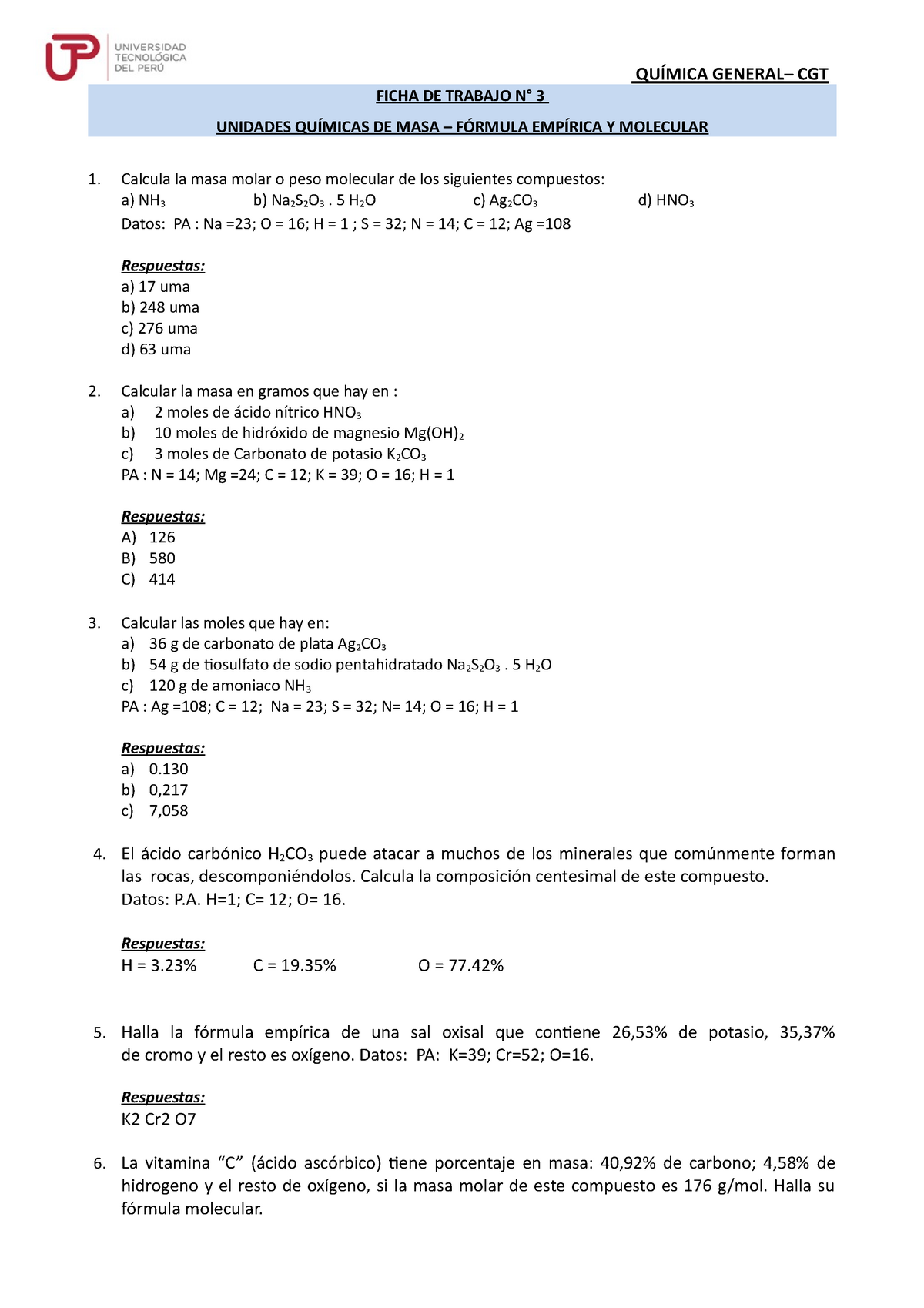 U2 S3 Ficha de trabajo 3 Ejercicios Sobre unidades químicas de empírica molecular - Studocu