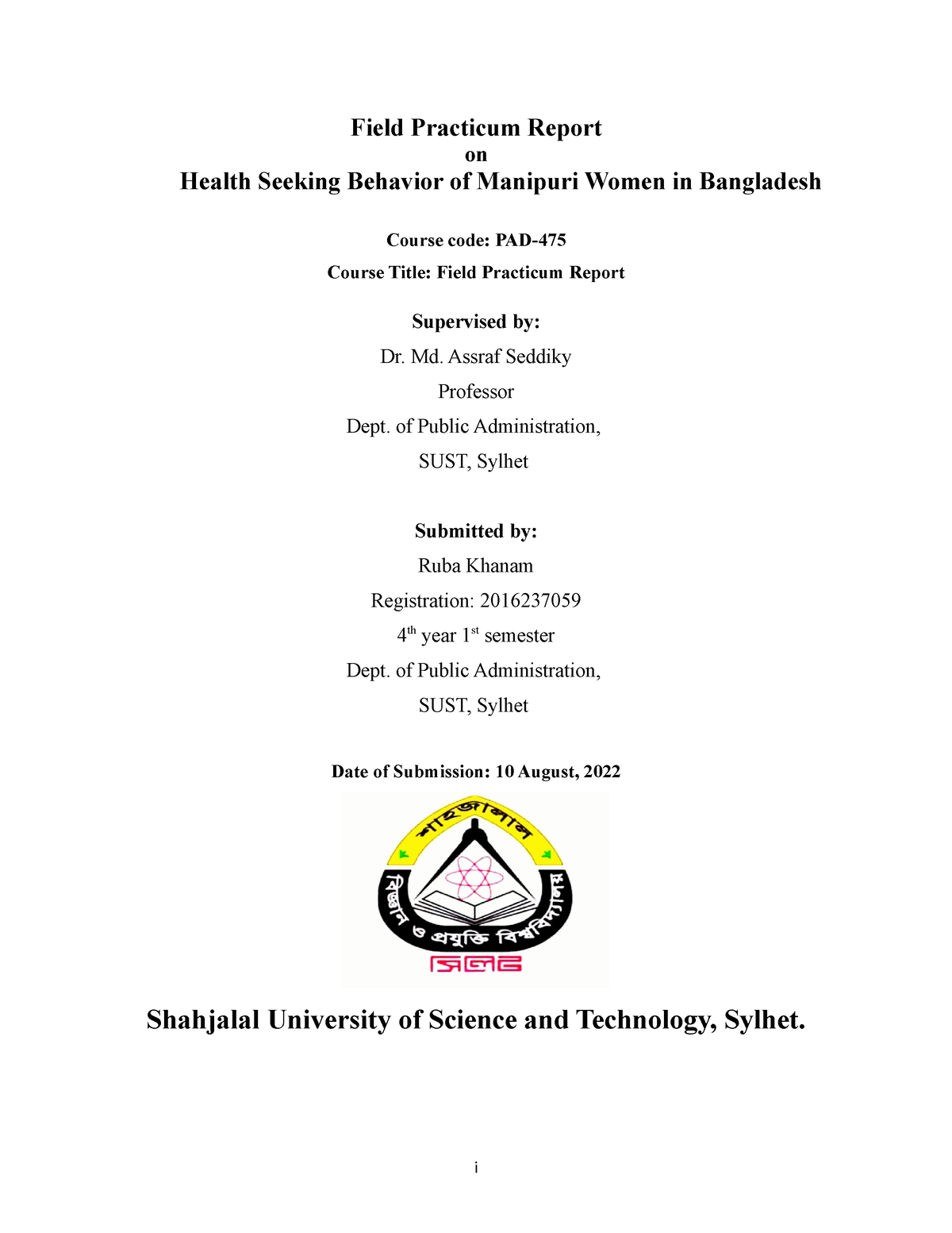 Field Practicum Report 2016 237059 Field Practicum Report On Health Seeking Behavior Of 7807