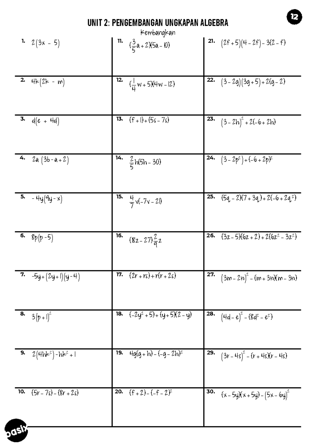 mathematics Unit 2 Set12 - UNIT 2: PENGEMBANGAN UNGKAPAN ALGEBRA ...