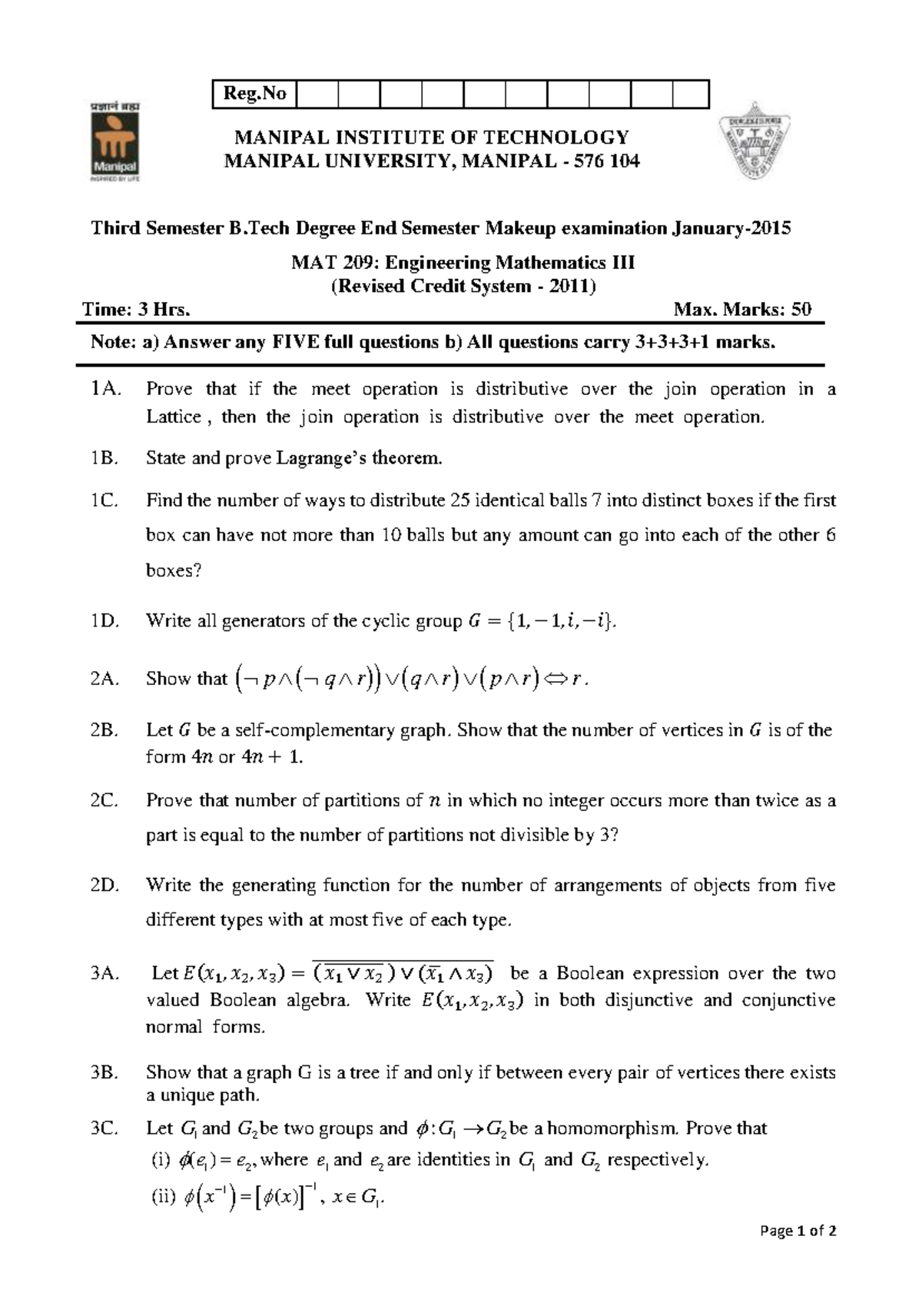 Engineering Mathematics III (MAT 207) RCS (Makeup) - Page 1 of 2 ...