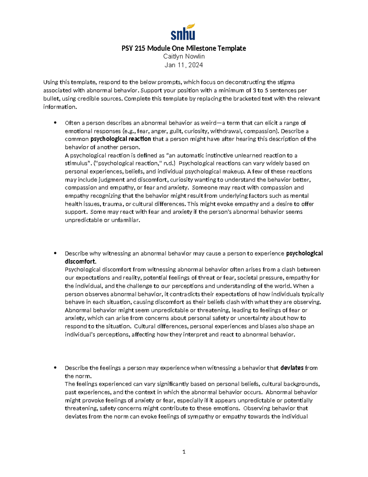 PSY 215 Module One Milestone Template PSY 215 Module One Milestone