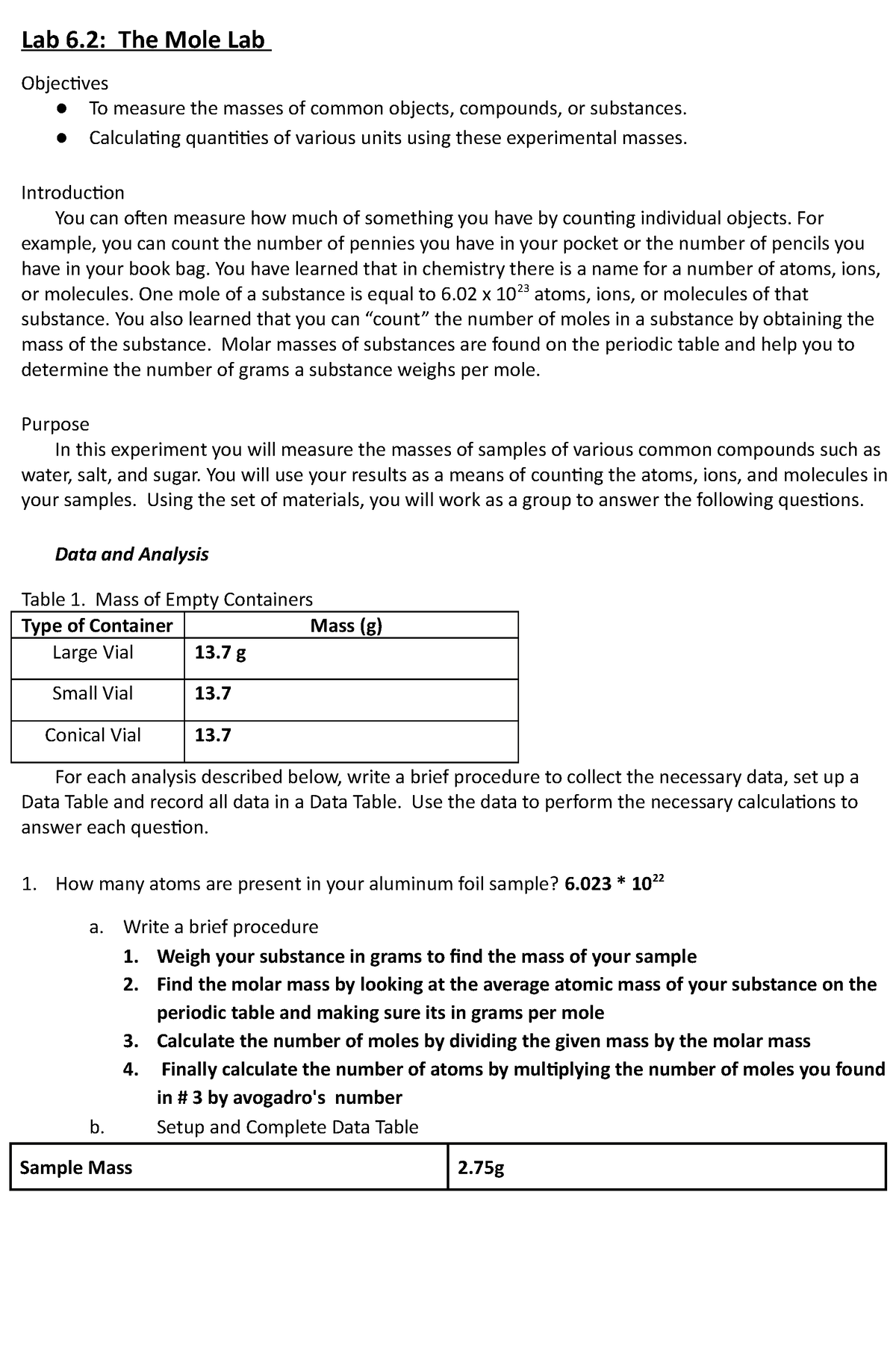 Lab 6.2 - The Mole Lab - Lab 6: The Mole Lab Objectives To measure the ...