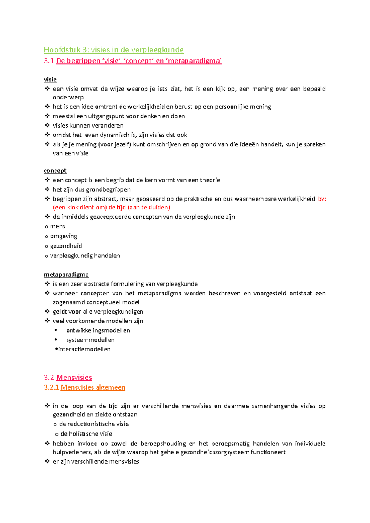 Samenvatting Hoofdstuk 3 Visie Van De Verpleegkunde - Hoofdstuk 3 ...