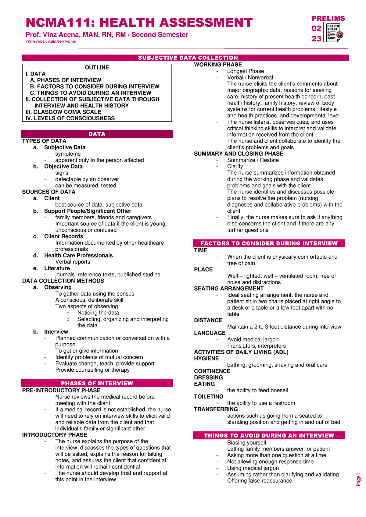 HA PRE LIMS - 2ND SEM PRELIM REVIEWER - NCMA 11 1: HEALTH ASSESSMENT ...