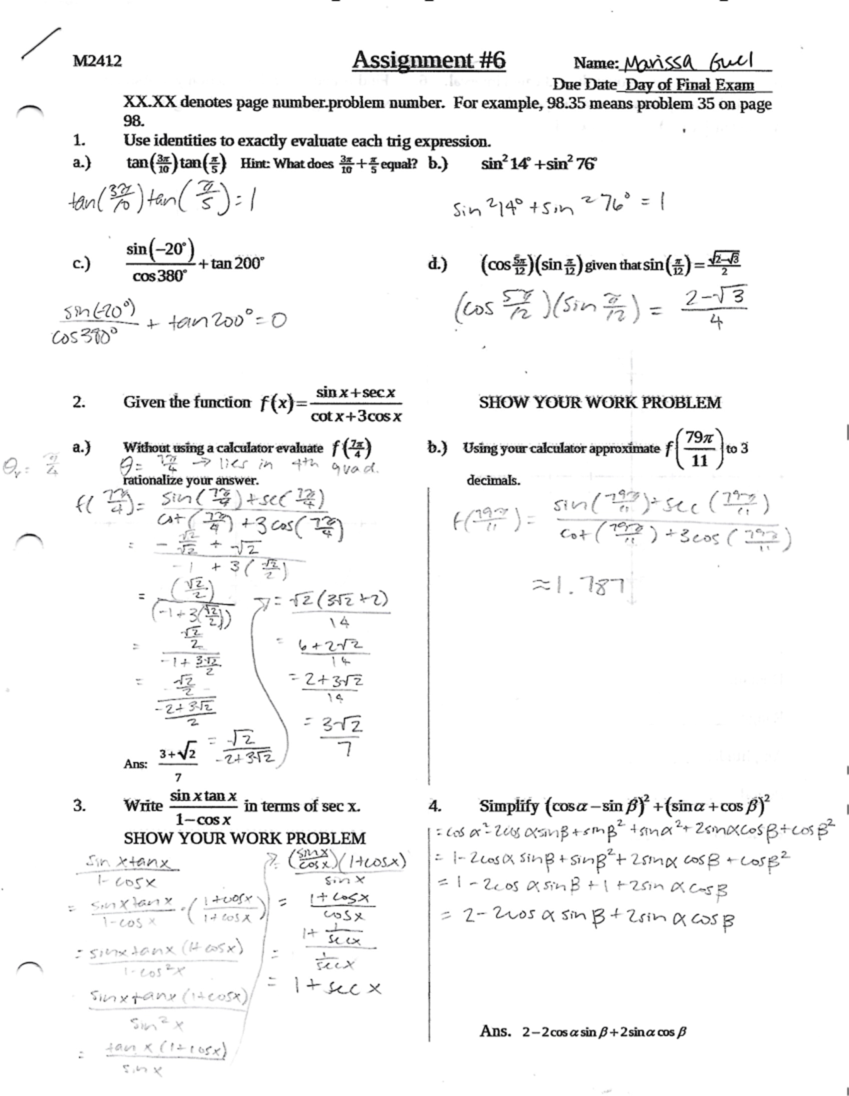 Pre-cal Assignment #6 Collected HW - MATH 2412 - Studocu