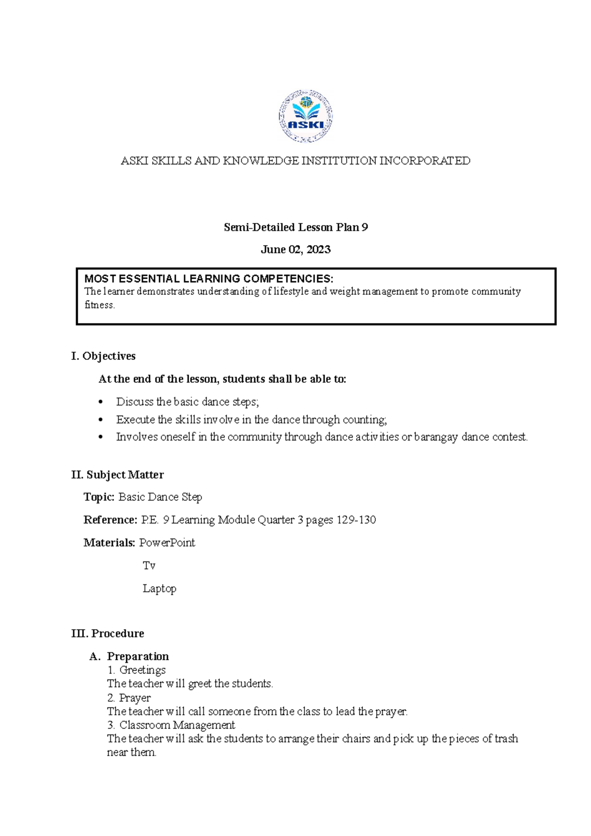 SDLP ARTS Lesson 1 - ASKI SKILLS AND KNOWLEDGE INSTITUTION INCORPORATED ...