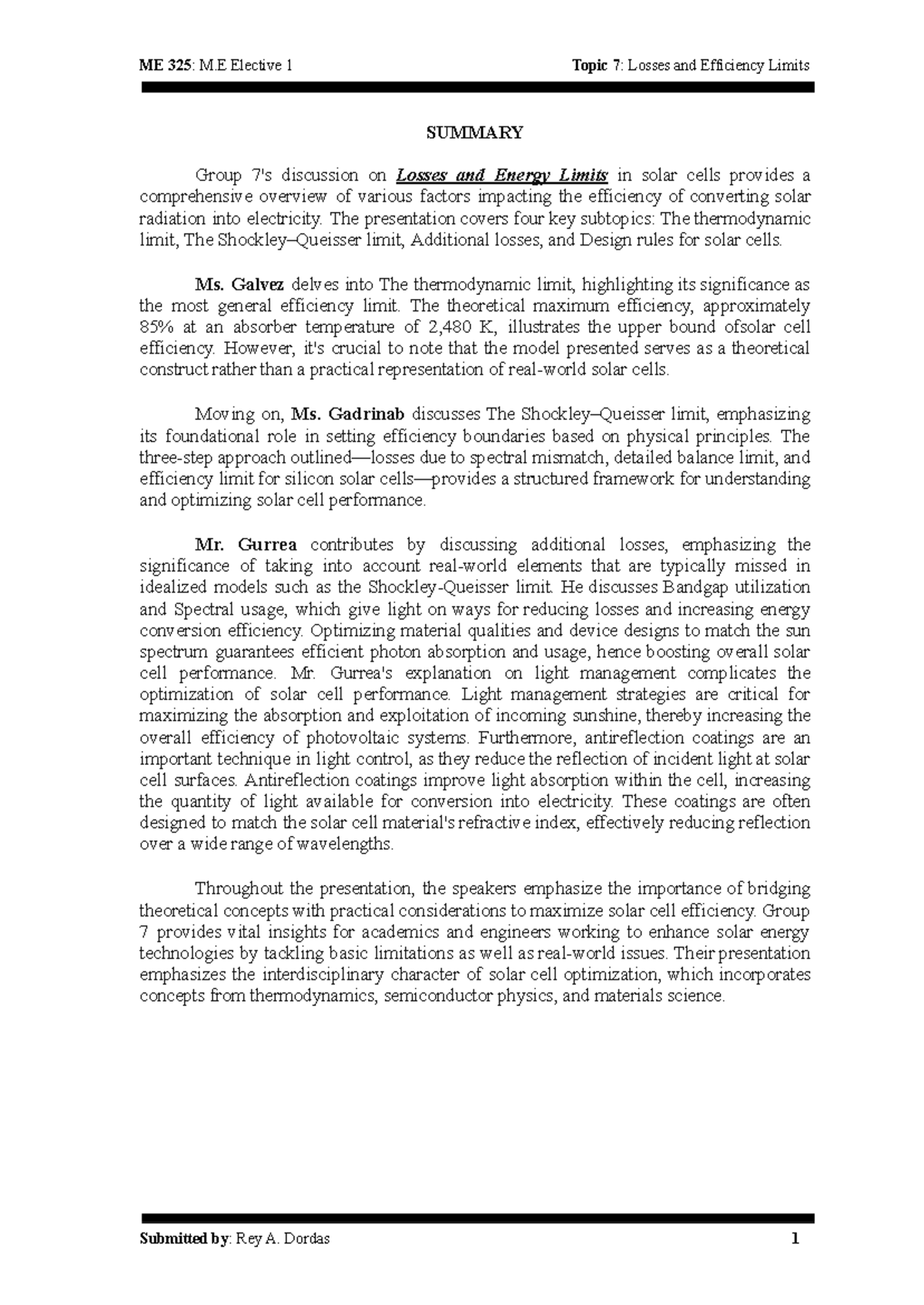 Topic 7 - Dordas 3A - ME 325: M Elective 1 Topic 7: Losses and ...