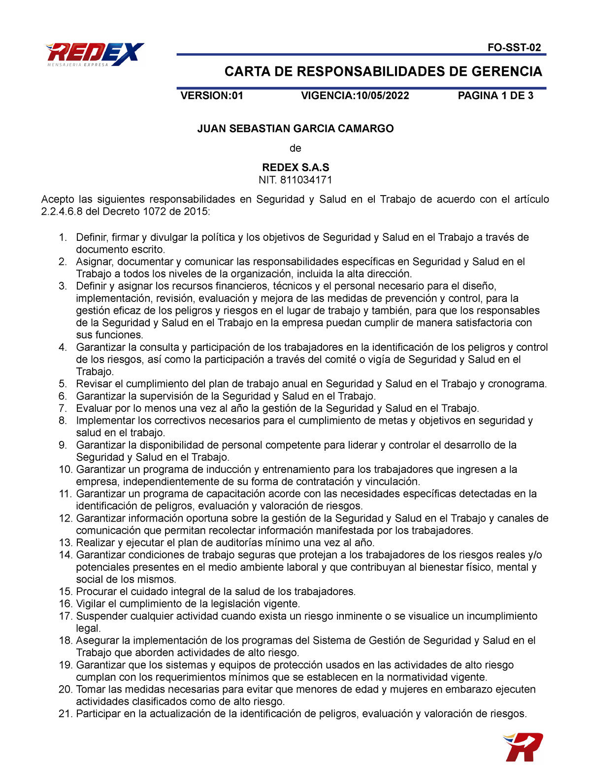 Fo Sst 02 Carta De Asignación De Responsabilidades Gerencia Fo Sst