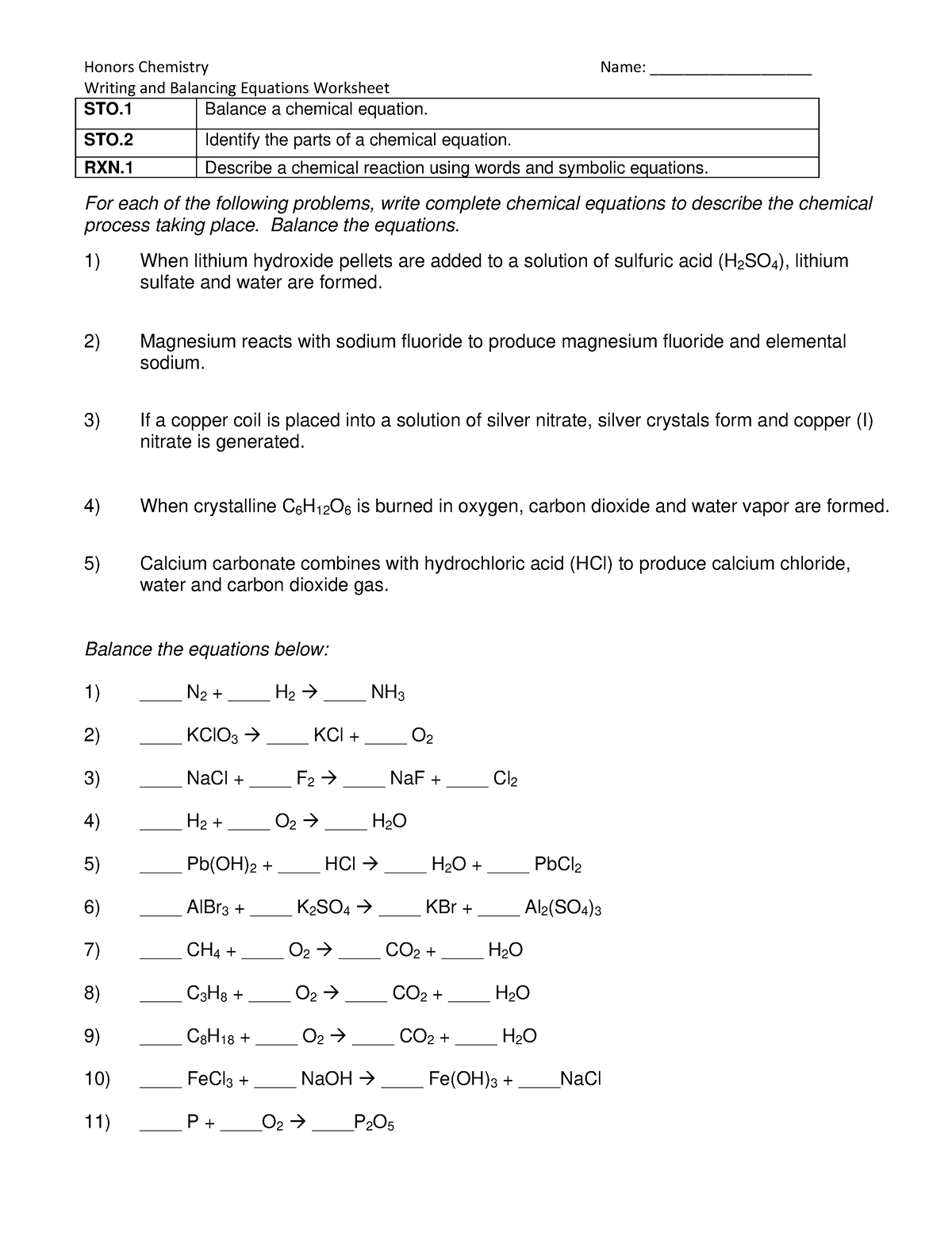 Worksheet- Balancing Equations - Writing and Balancing Equations ...