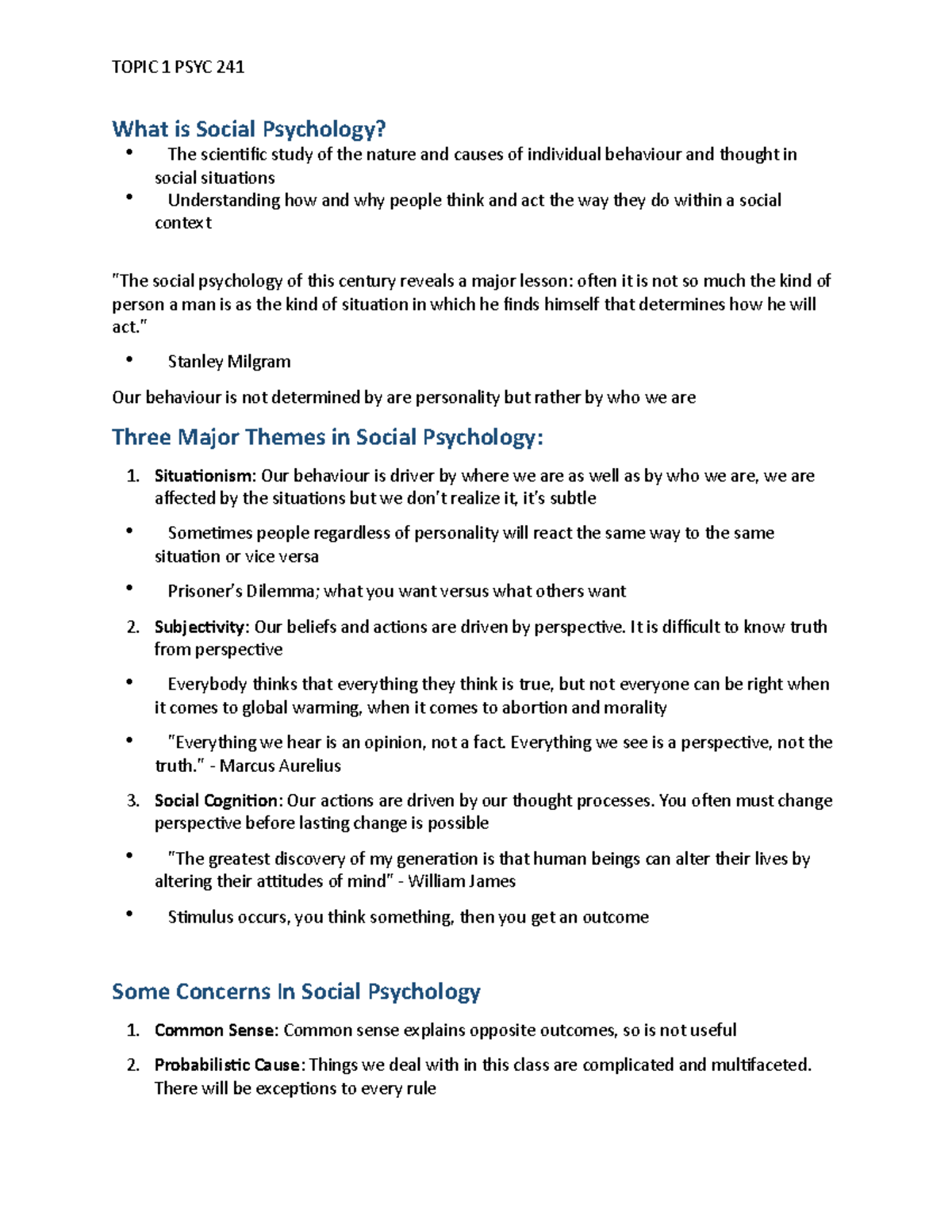Topic 1 PSYC 241 - Lecture notes Lecture 1 - What is Social Psychology ...