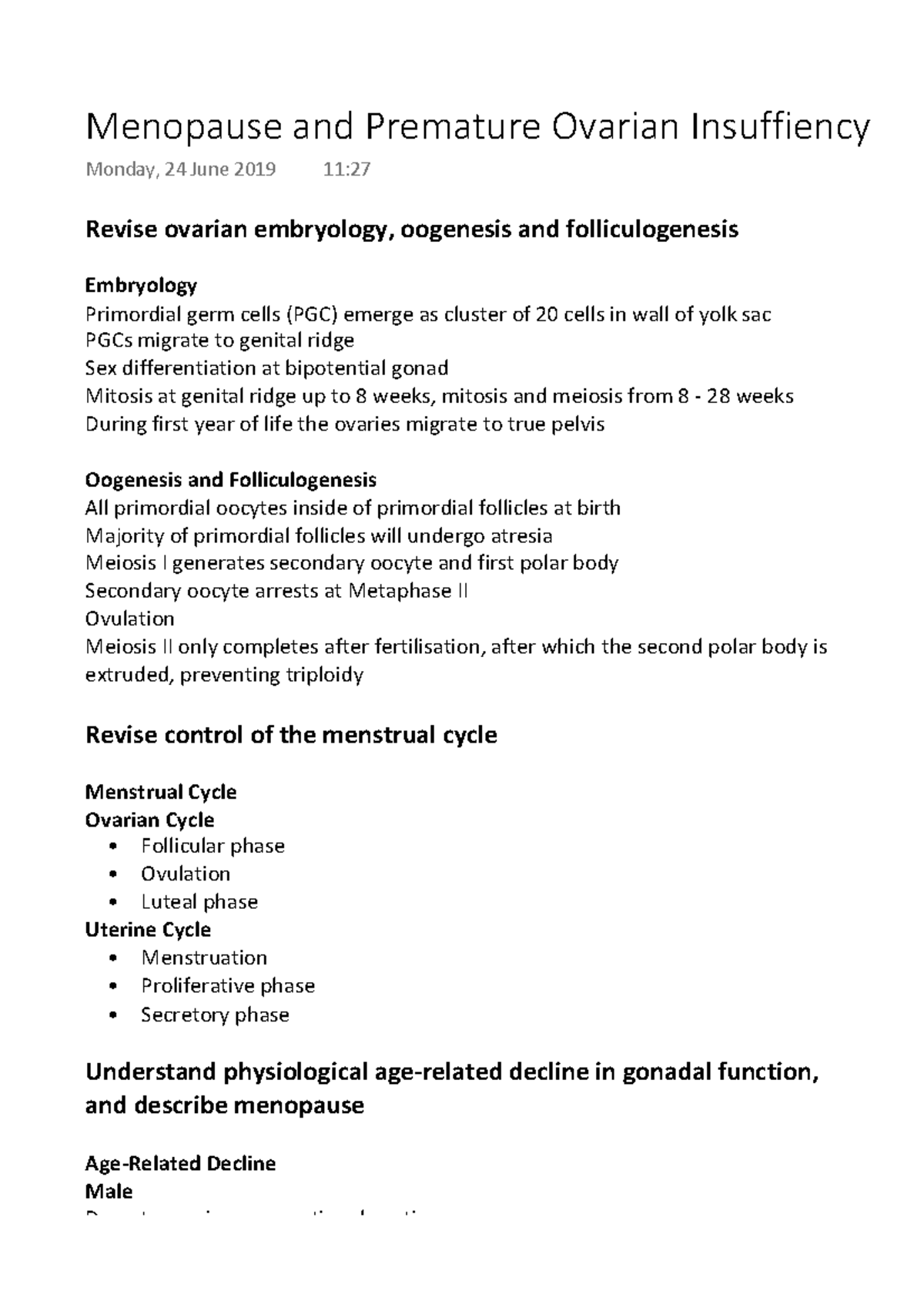 Menopause and Premature Ovarian Insufficiency Revise ovarian embryology, oogenesis and Studocu