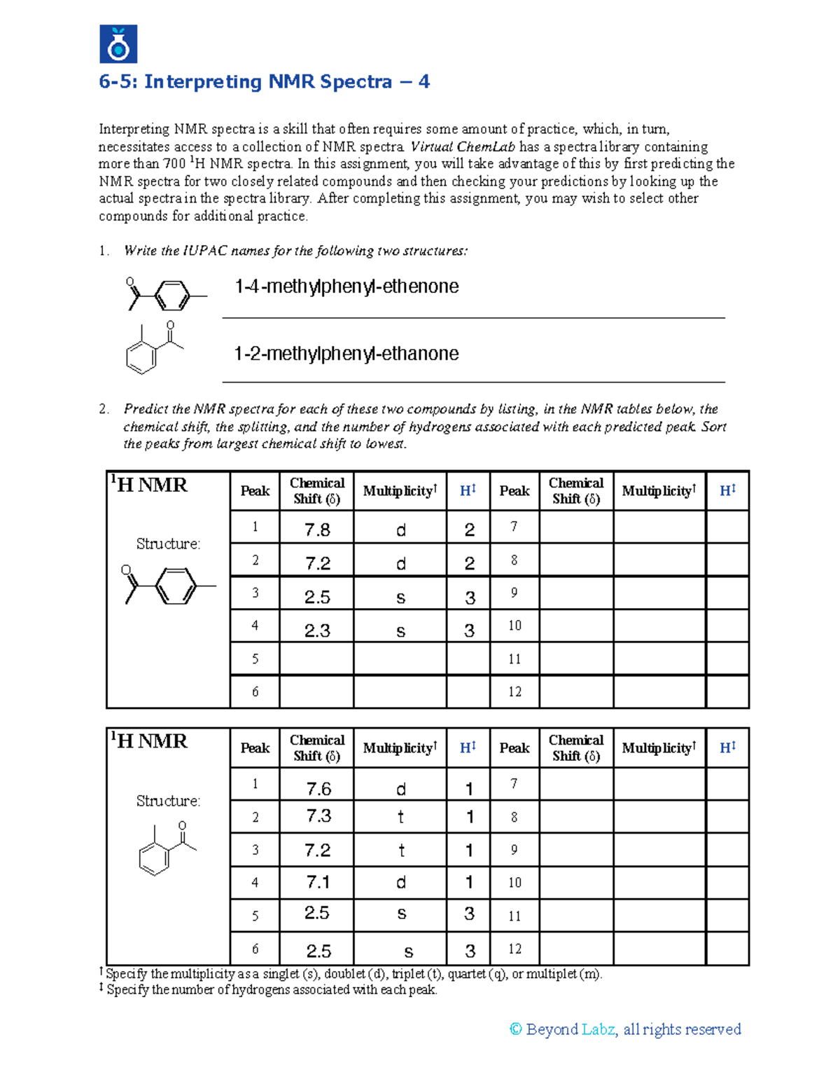 Interpreting NMR Spectra Lab Module 1 © Beyond Labz, all rights reserved 65 Interpreting